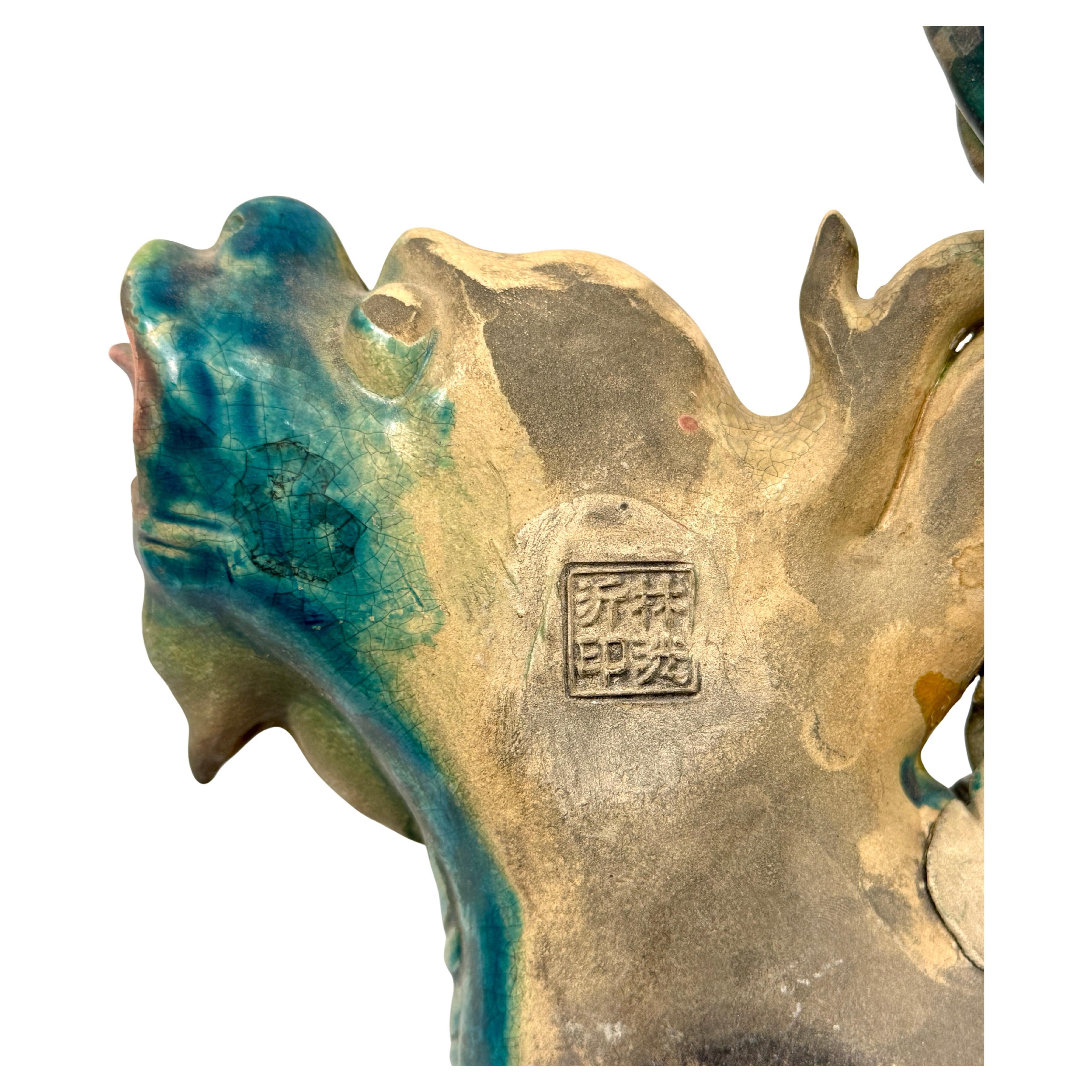 Chinese Polychrome Decorated Roof Tile, Warrior on Qilin Creature 1