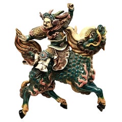 Chinese Polychrome Decorated Roof Tile, Warrior on Qilin Creature