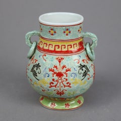 Chinese Polychrome Double Handle Porcelain Vase with Wax Export Seal 20th C