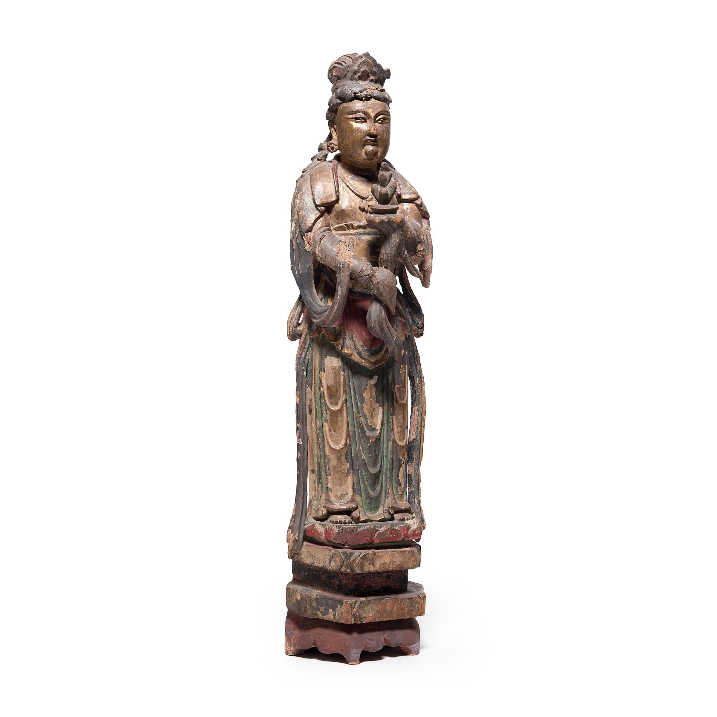 Chinese Polychrome Guanyin Bodhisattva Figure In Fair Condition In Chicago, IL