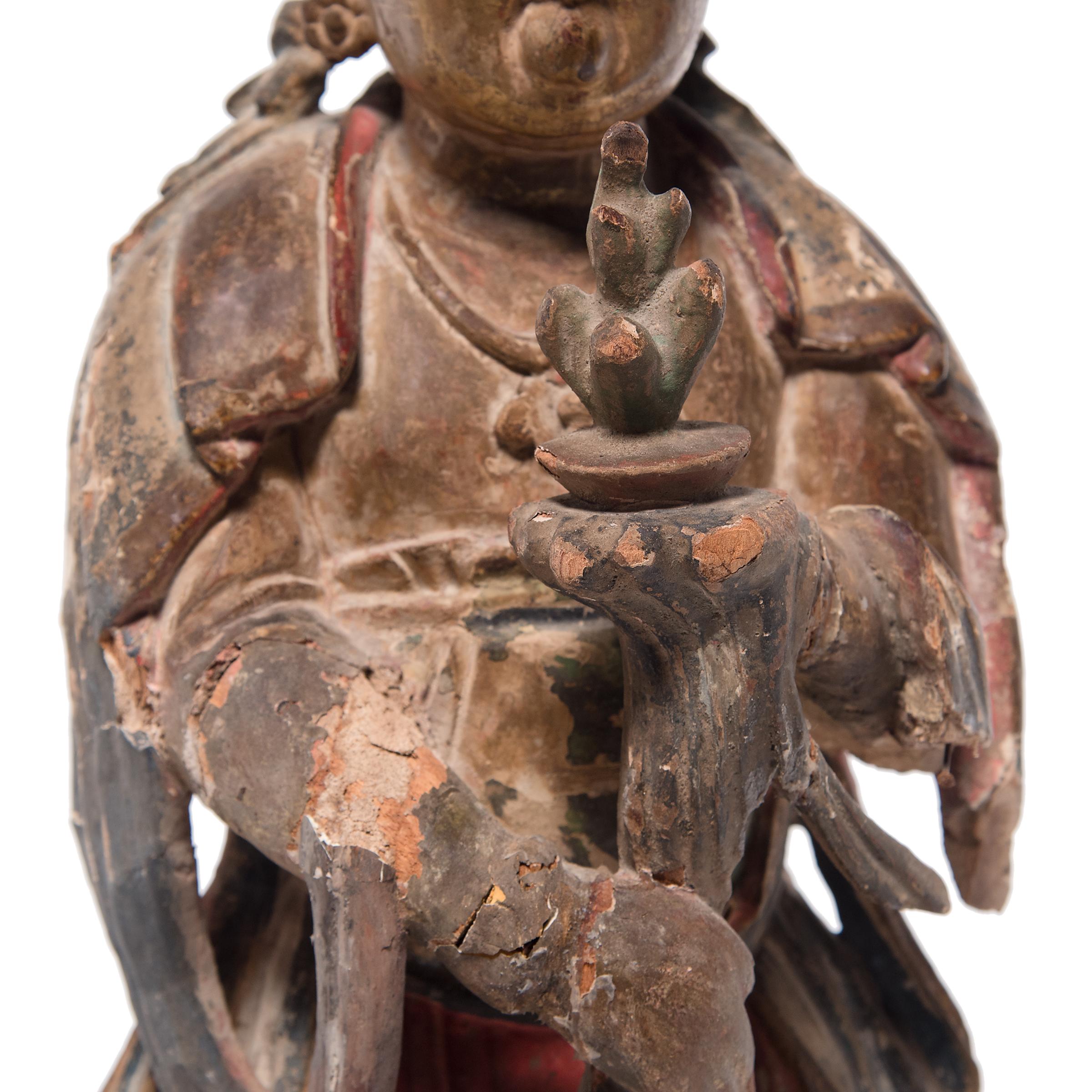 Wood Chinese Polychrome Guanyin Bodhisattva Figure