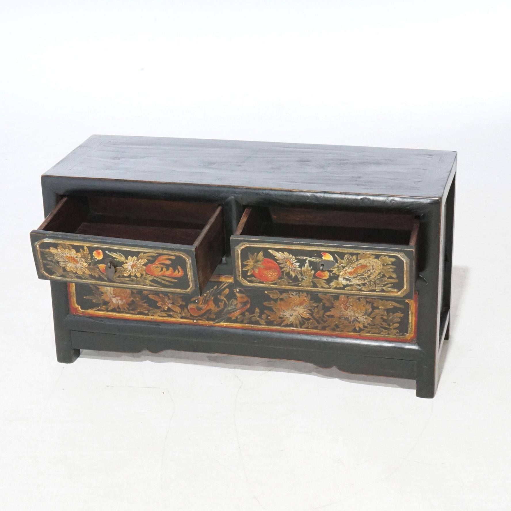 Asian Chinese Polychrome Hand Painted Low Chest with Garden Birds & Fruit 20th C For Sale