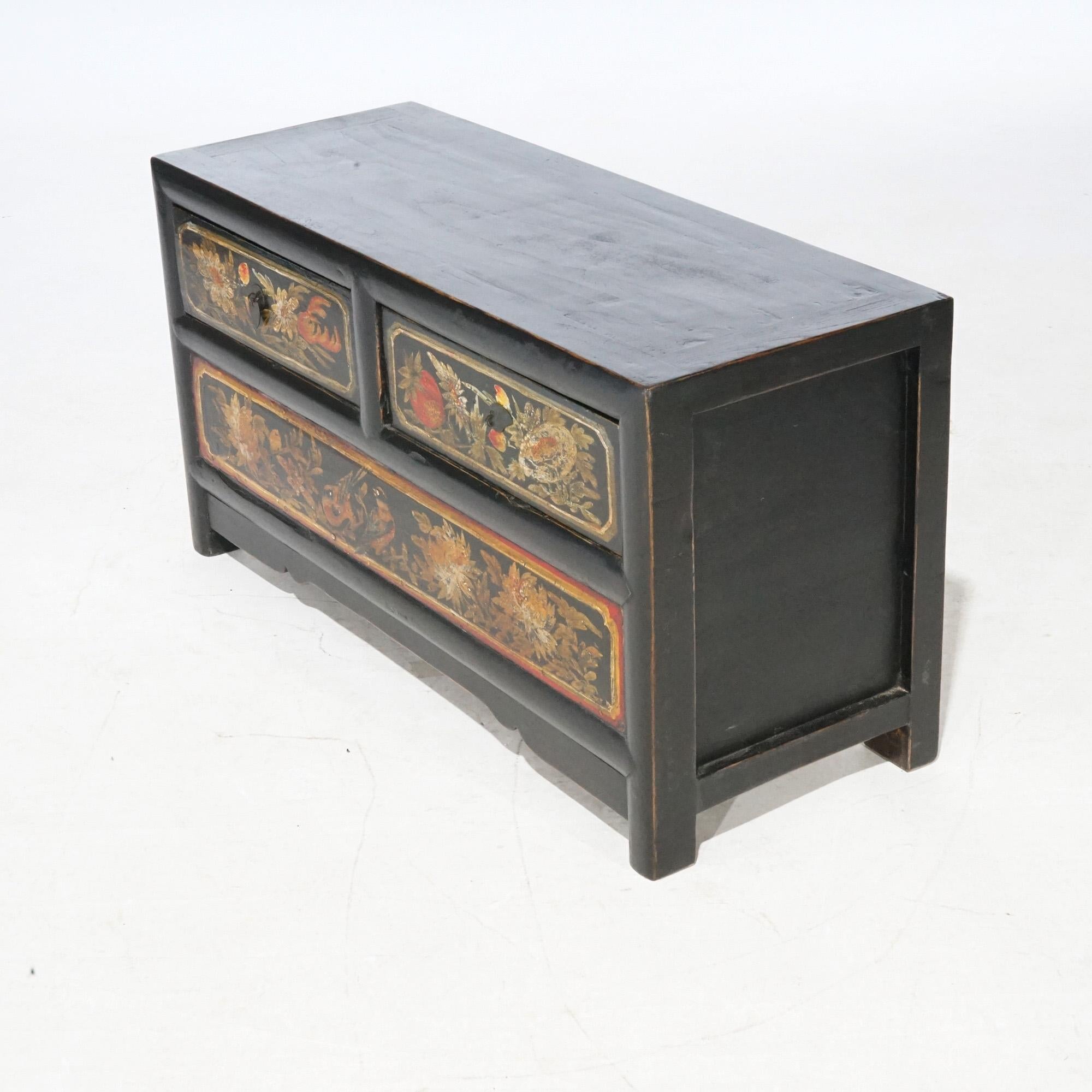 Chinese Polychrome Hand Painted Low Chest with Garden Birds & Fruit 20th C In Good Condition For Sale In Big Flats, NY