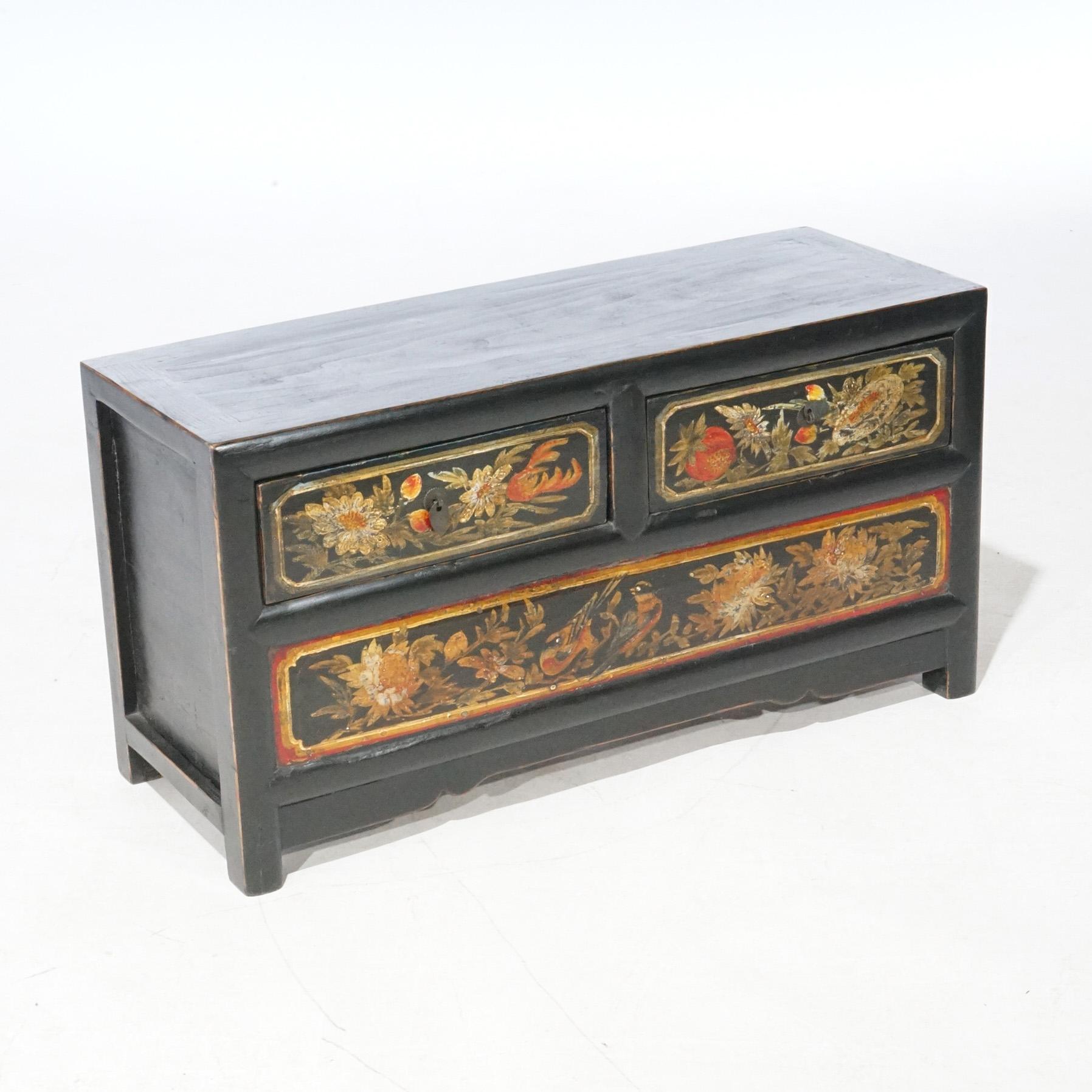 Chinese Polychrome Hand Painted Low Chest with Garden Birds & Fruit 20th C For Sale 1