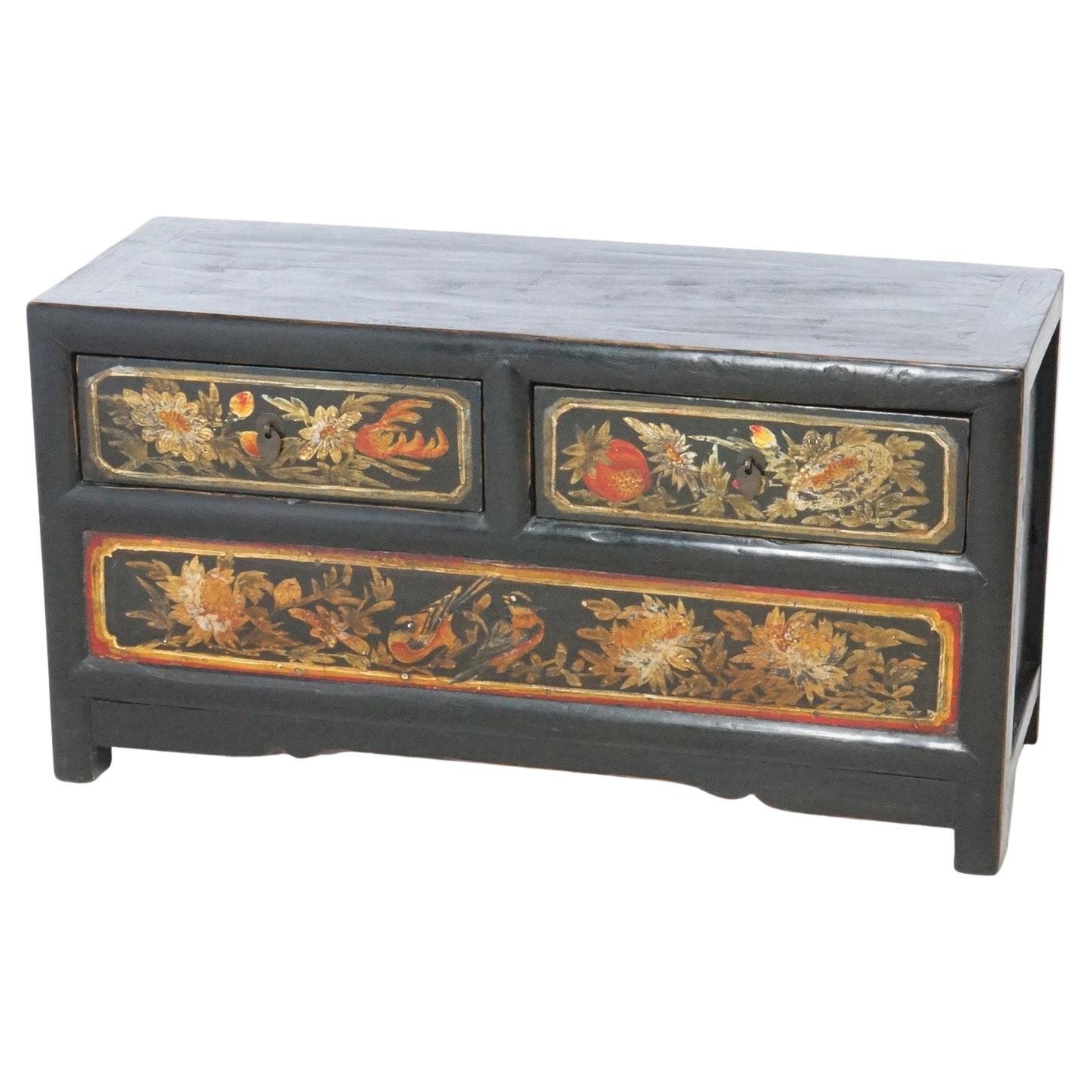 Chinese Polychrome Hand Painted Low Chest with Garden Birds & Fruit 20th C