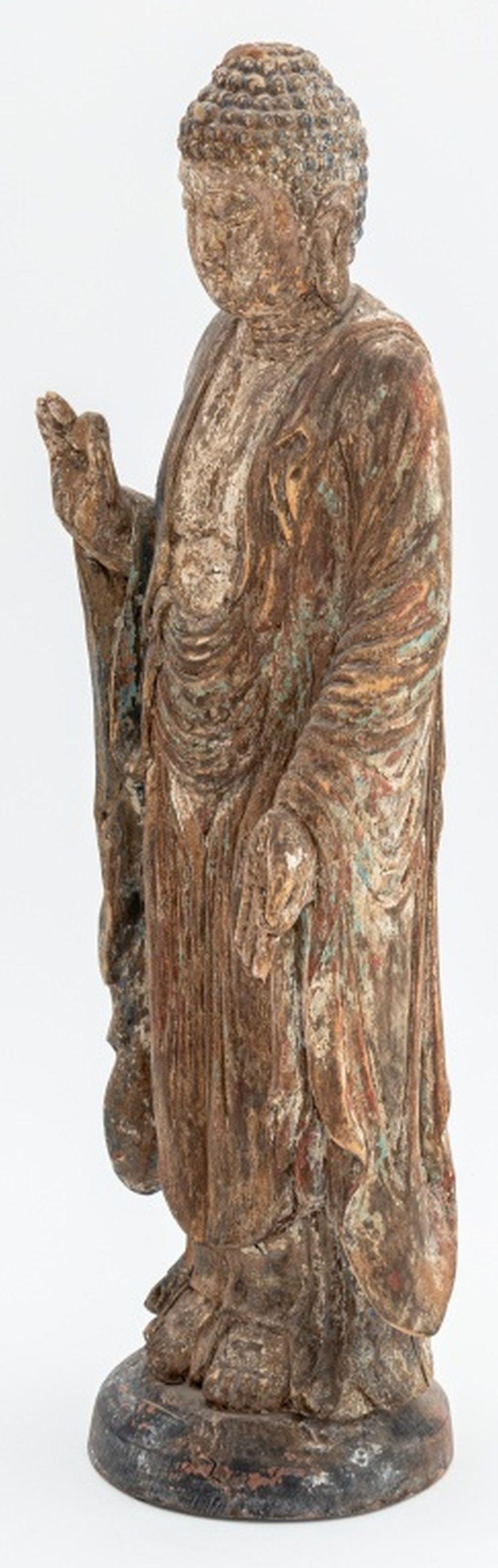 Qing Chinese Polychrome Painted & Carved Wood Buddha For Sale