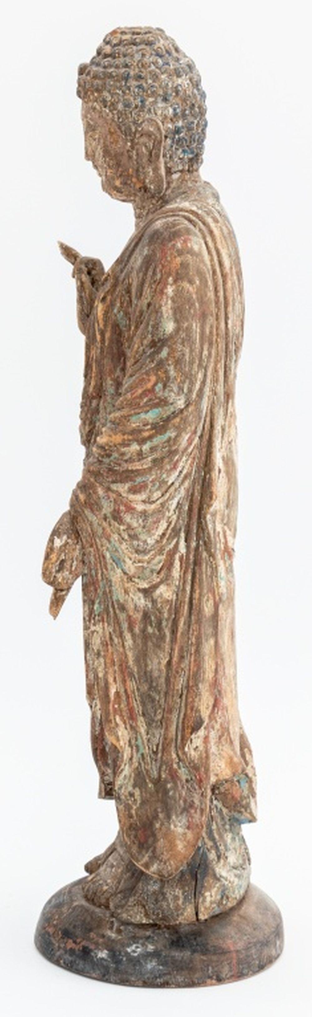 Chinese Polychrome Painted & Carved Wood Buddha In Good Condition For Sale In Astoria, NY