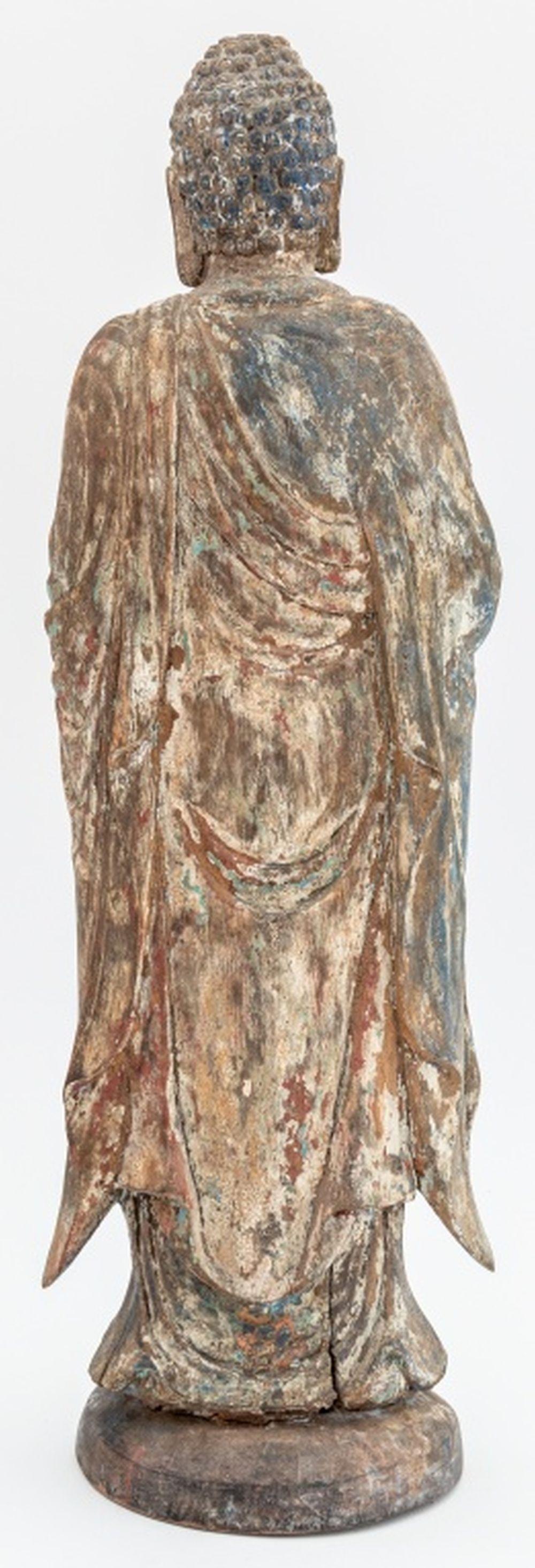19th Century Chinese Polychrome Painted & Carved Wood Buddha For Sale