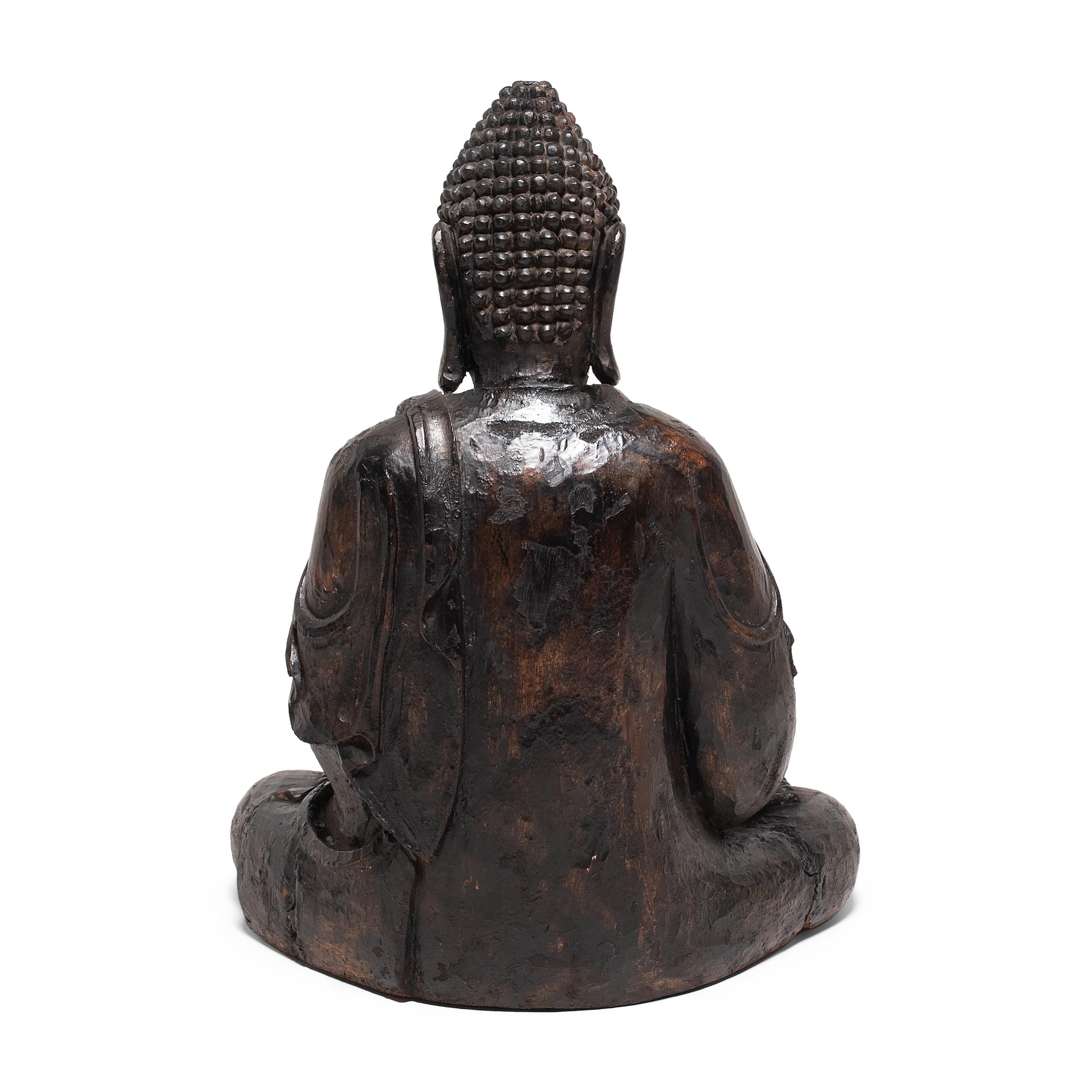 Carved Chinese Polychrome Seated Shakyamuni Buddha