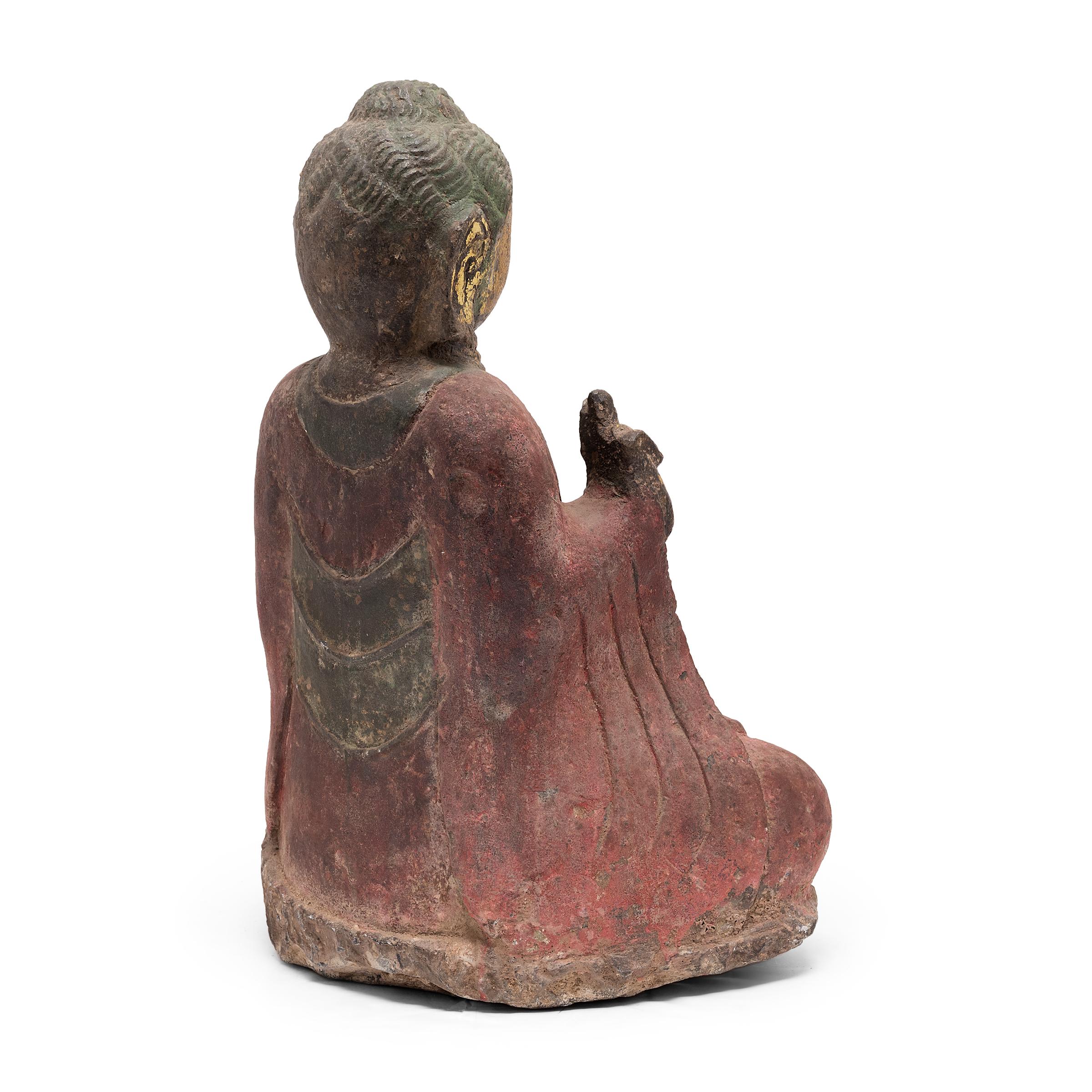 Qing Chinese Polychrome Stone Seated Buddha, c. 1900