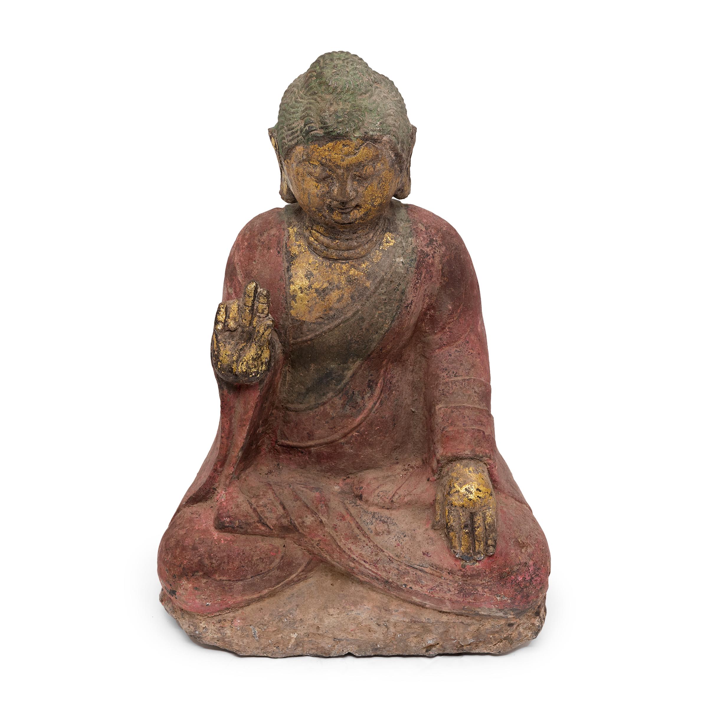 Hand-Carved Chinese Polychrome Stone Seated Buddha, c. 1900