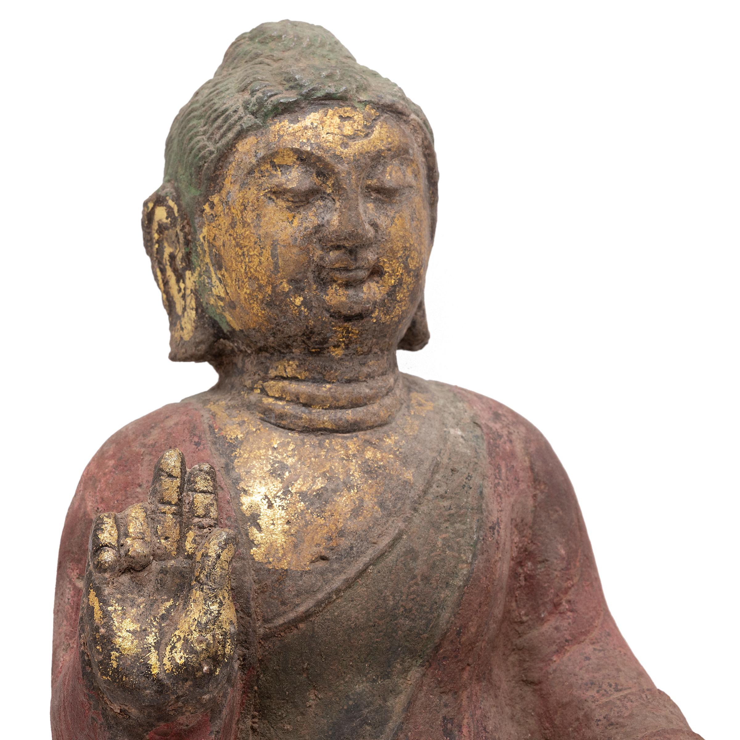 Chinese Polychrome Stone Seated Buddha, c. 1900 In Good Condition In Chicago, IL
