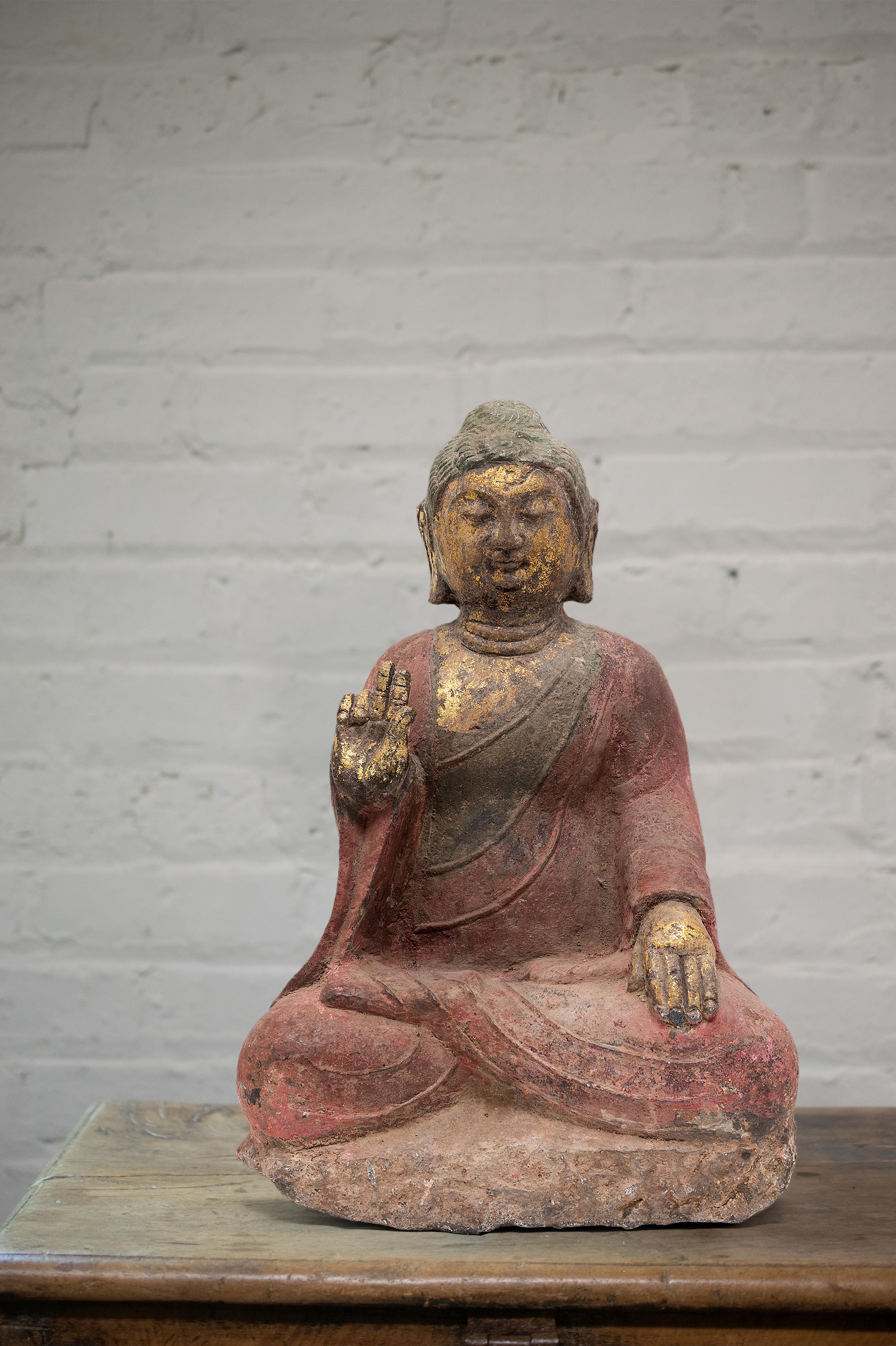 Chinese Polychrome Stone Seated Buddha, c. 1900 1