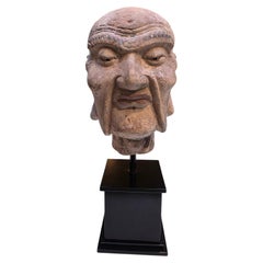 Chinese Polychrome Terracotta Luohan Head, Qing Dynasty, on Custom Stand