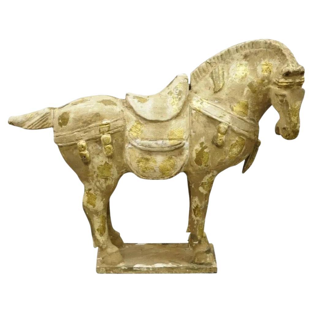 Chinese Polychrome Wooden Carved Wood 28" Tang Horse Sculpture Statue Figure