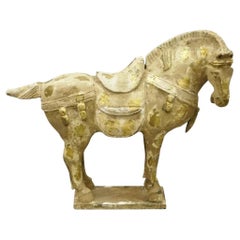 Chinese Polychrome Wooden Carved Wood 28" Tang Horse Sculpture Statue Figure