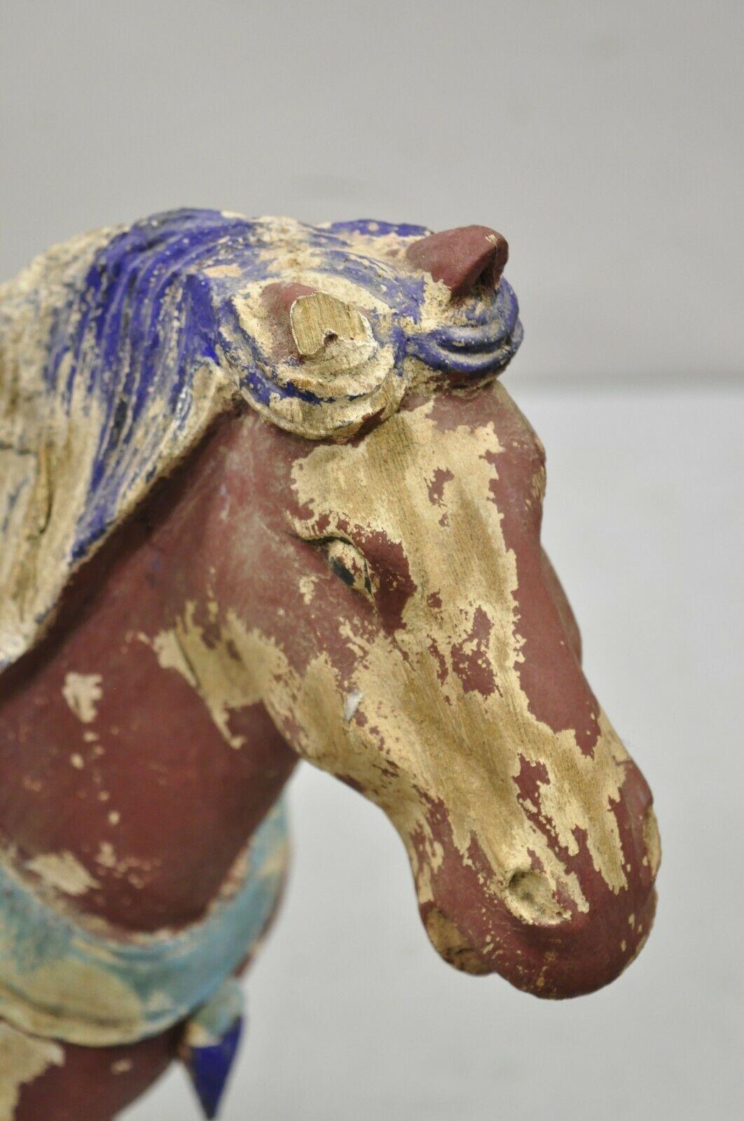 Asian Chinese Polychrome Wooden Carved Wood Tang Horse Sculpture Statue Red Blue