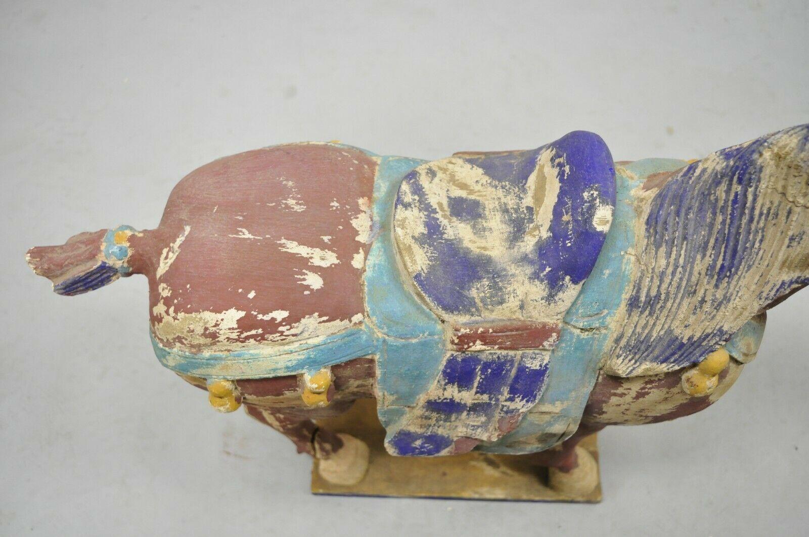 Chinese Polychrome Wooden Carved Wood Tang Horse Sculpture Statue Red Blue In Distressed Condition For Sale In Philadelphia, PA