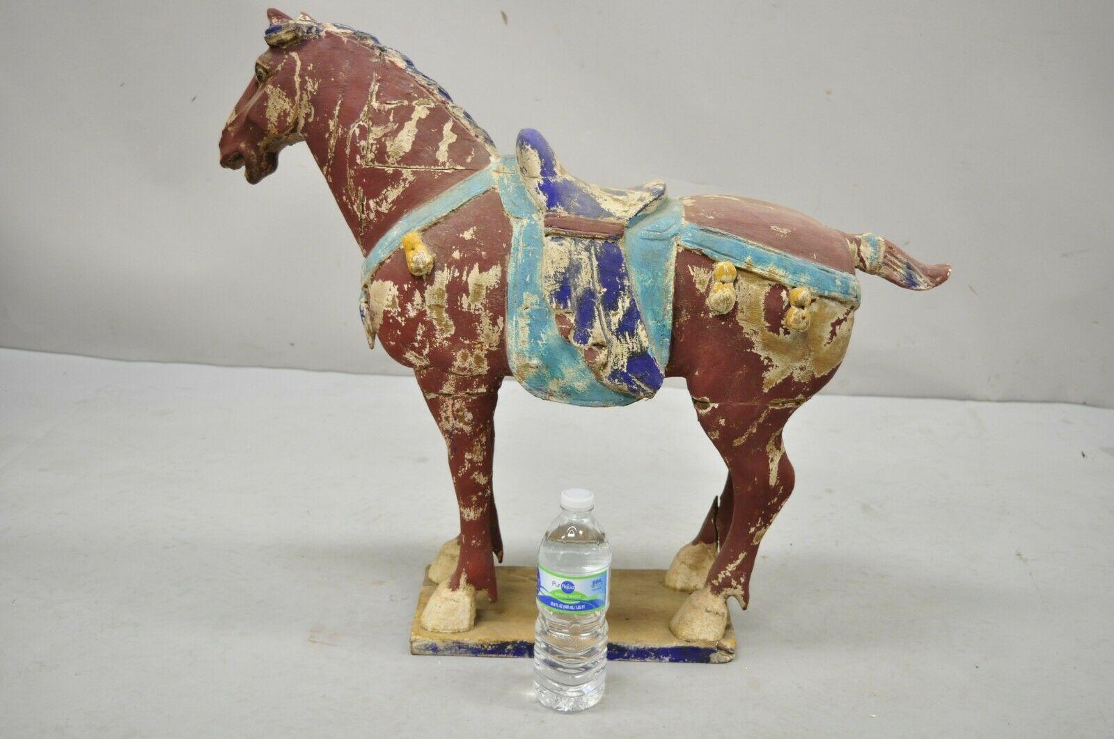 Chinese Polychrome Wooden Carved Wood Tang Horse Sculpture Statue Red Blue For Sale 3