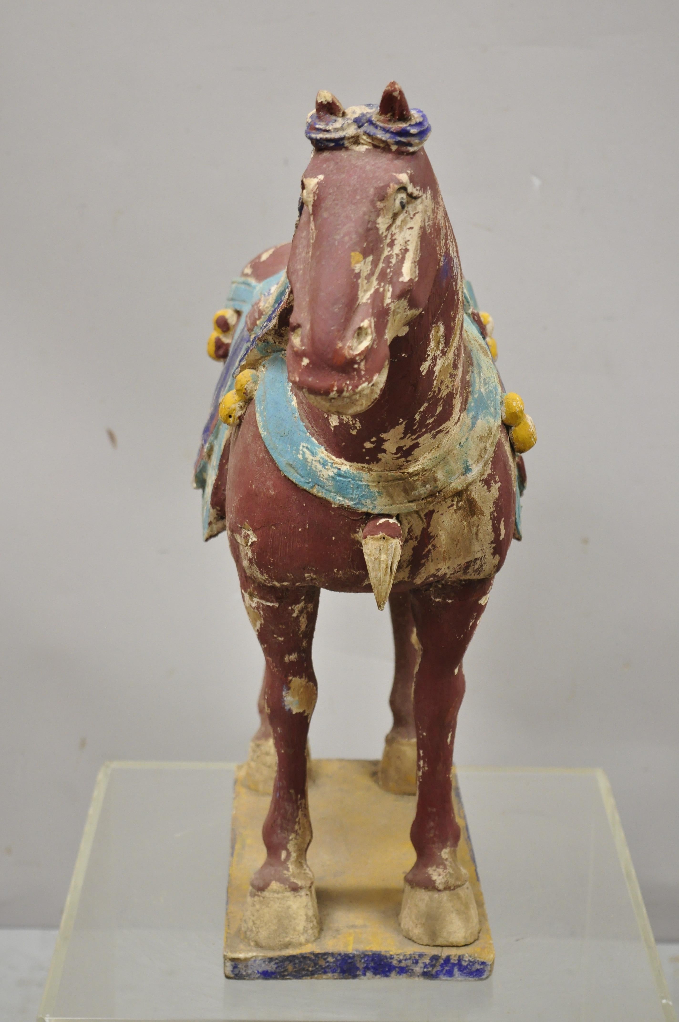 Chinese Polychrome Wooden Carved Wood Tang Horse Sculpture Statue Red Figure For Sale 2