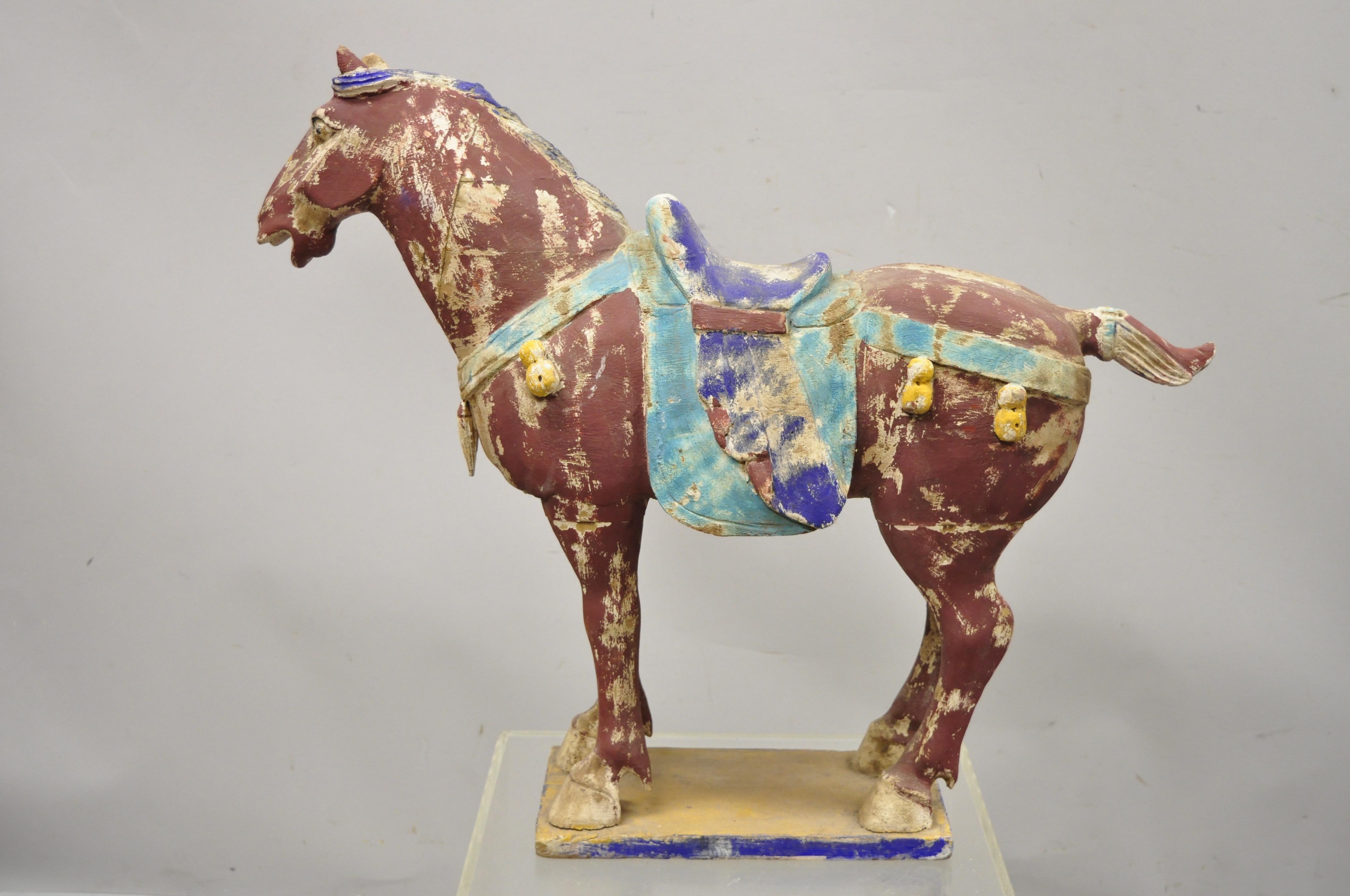 Chinese Polychrome Wooden Carved Wood Tang Horse Sculpture Statue Red Figure For Sale 3