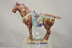 Chinese Polychrome Wooden Carved Wood 29" Tang Horse Sculpture Statue Red Figure