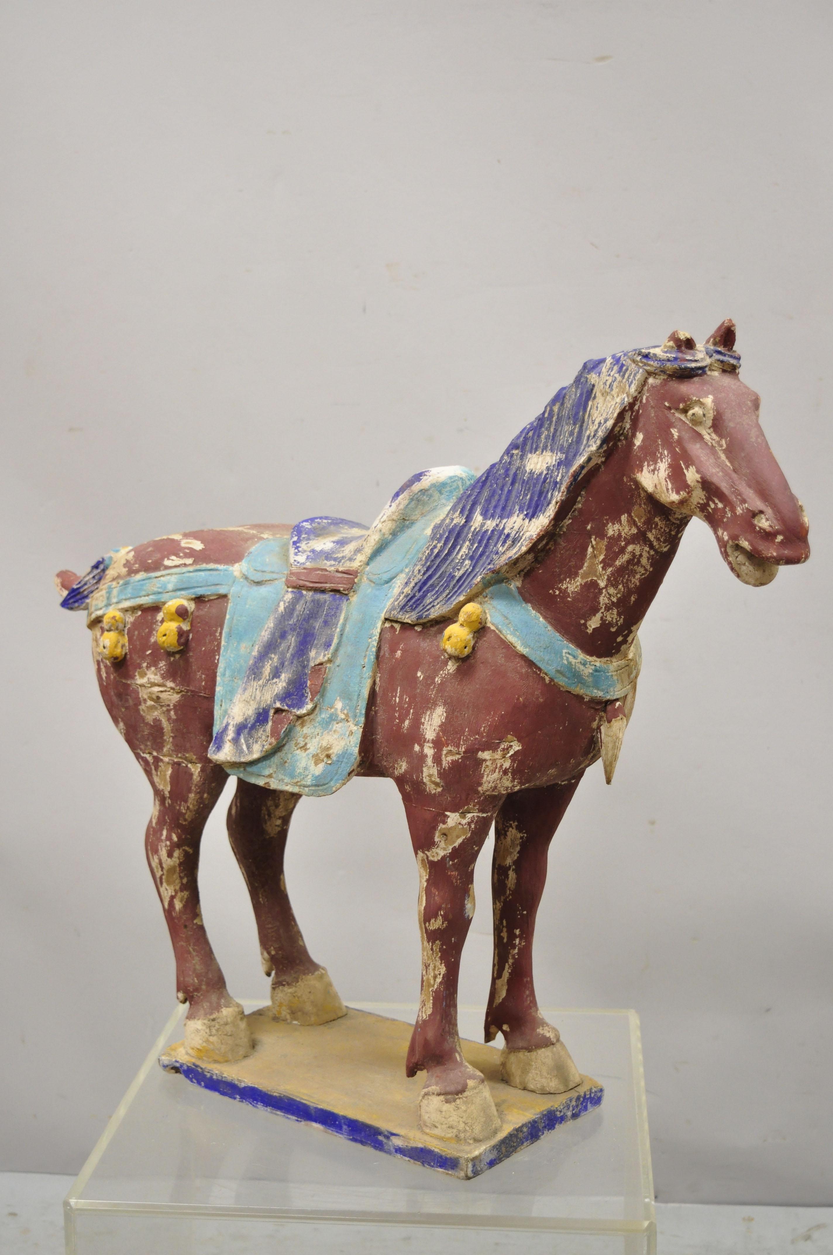 Chinoiserie Chinese Polychrome Wooden Carved Wood Tang Horse Sculpture Statue Red Figure For Sale