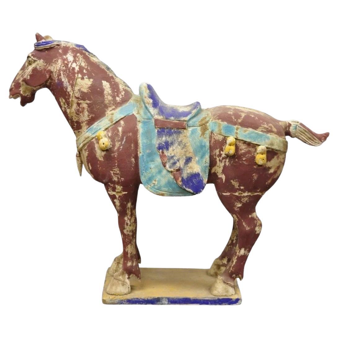 Chinese Polychrome Wooden Carved Wood 29" Tang Horse Sculpture Statue Red Figure