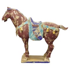 Chinese Polychrome Wooden Carved Wood 29" Tang Horse Sculpture Statue Red Figure
