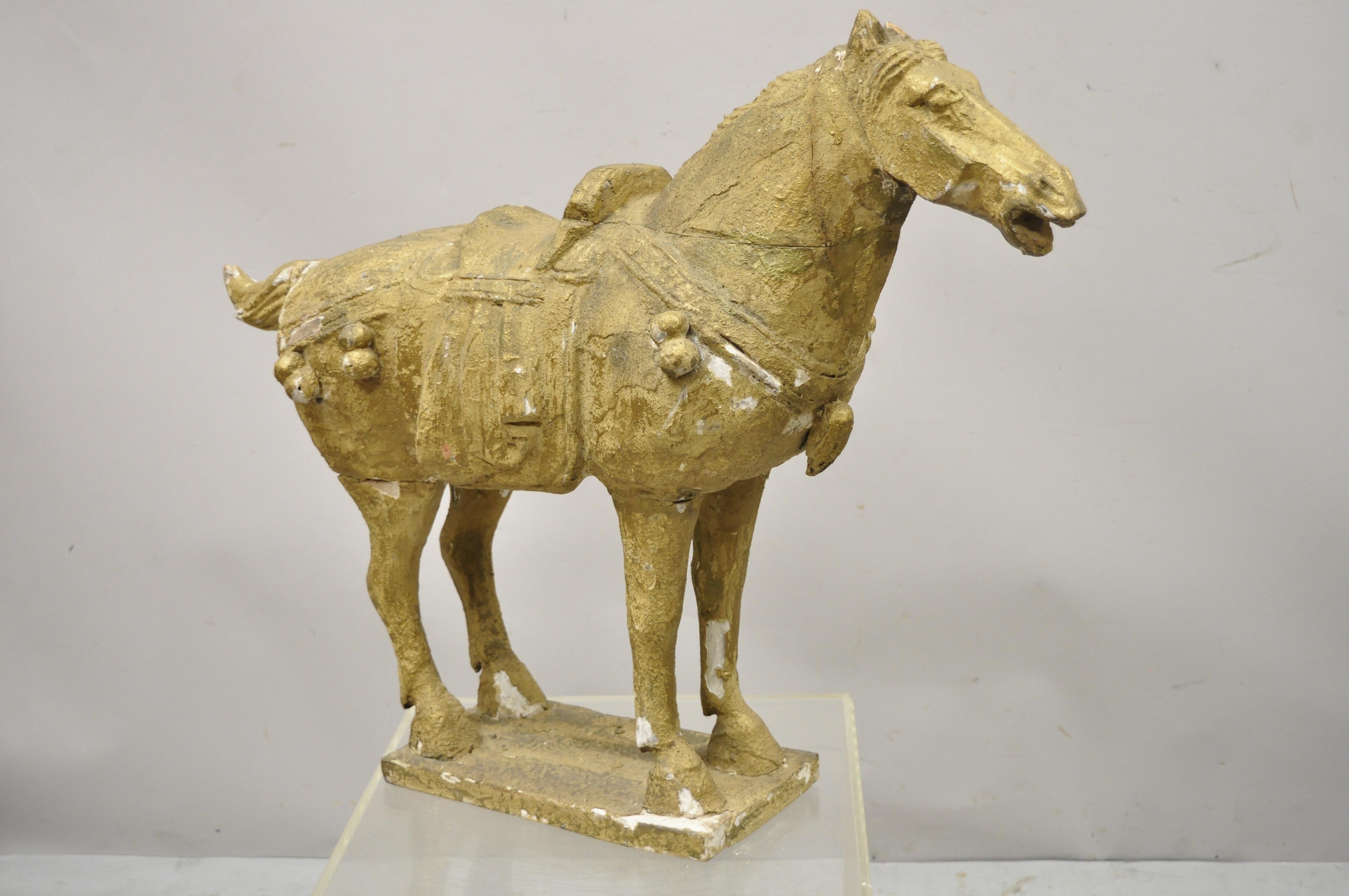 Chinoiserie Chinese Polychrome Wooden Carved Wood Tang Style Gold Horse Sculpture Figure For Sale