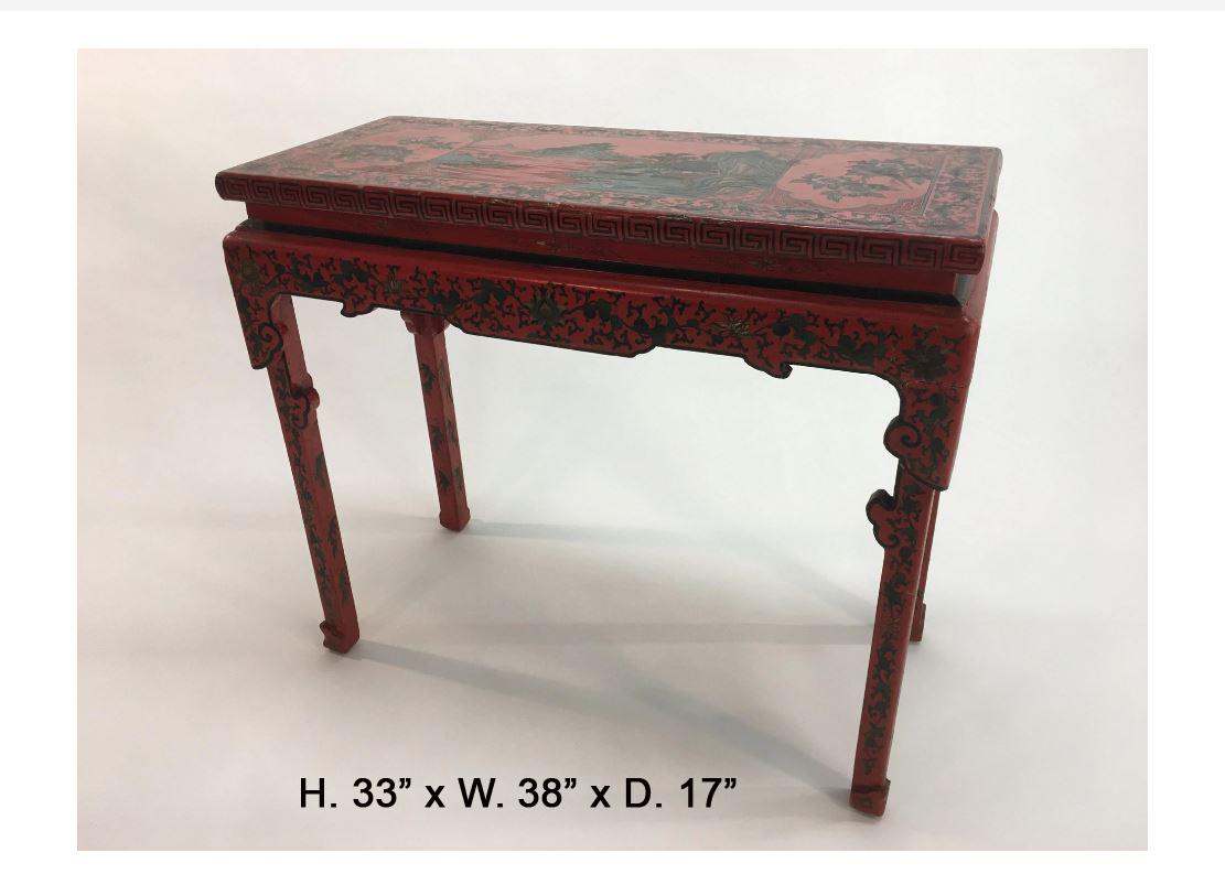 Highly decorative Chinese polychromed altar table.

The red-painted rectangular top is decorated in a foliate motif throughout with three panels, the central panel is depicting a coastal scene with mountains and trees, flanked by two panels