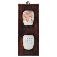 Chinese Porcelain and Wood Foo Dog Design Split Vase Wall Plaque