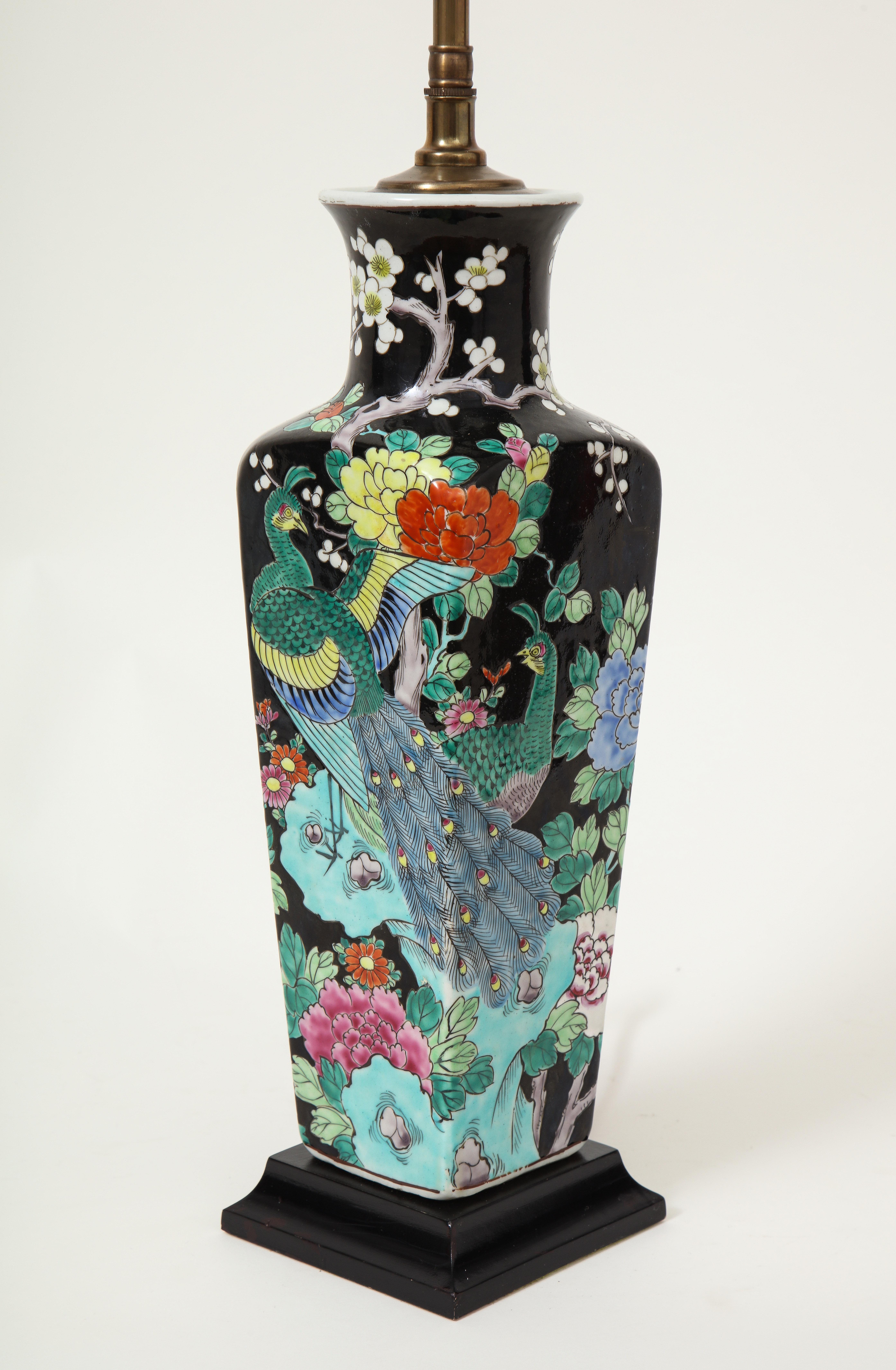 Glazed Chinese Porcelain Black Ground Vase mounted as a Lamp, Qing Dynasty For Sale