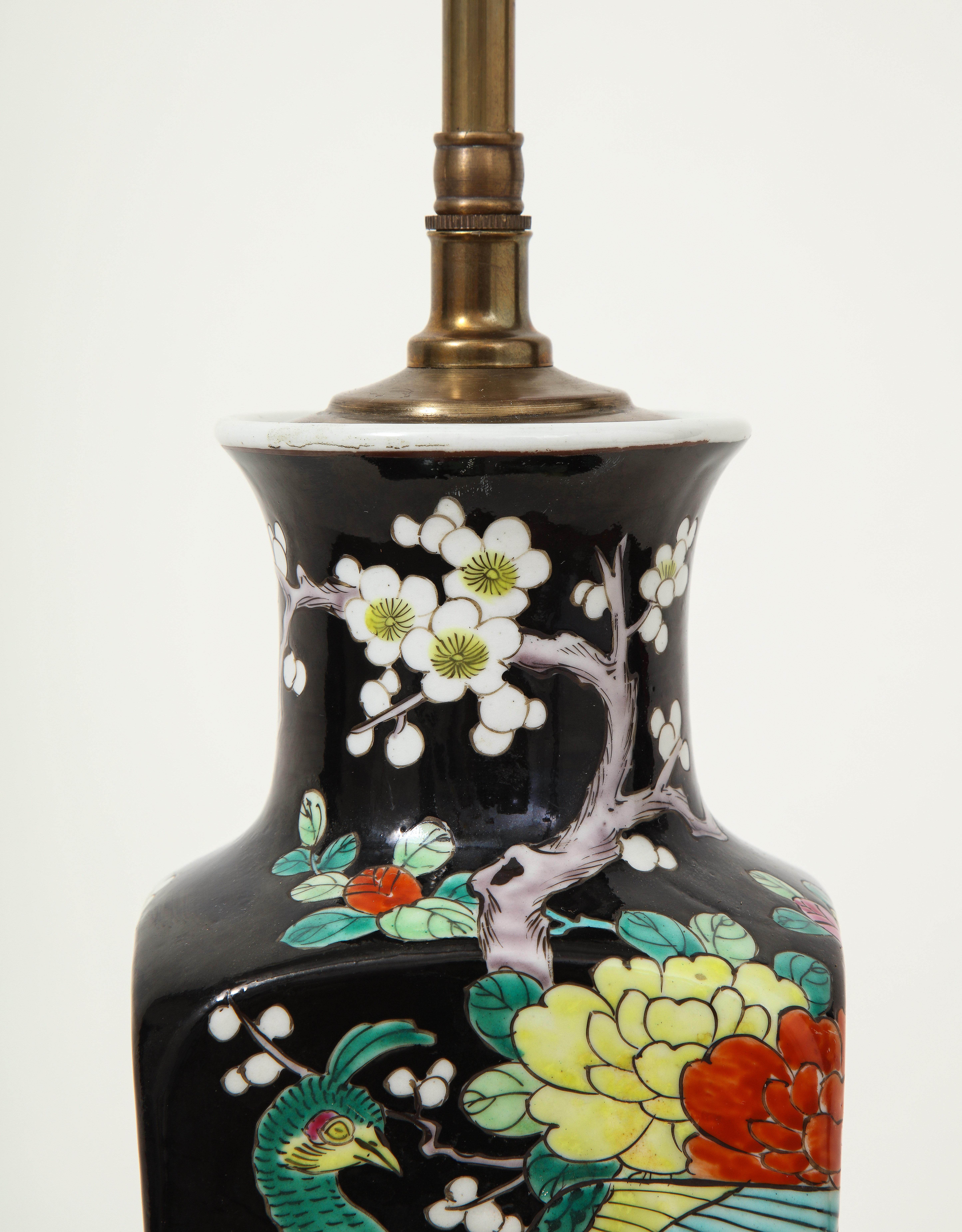 Chinese Porcelain Black Ground Vase mounted as a Lamp, Qing Dynasty For Sale 1