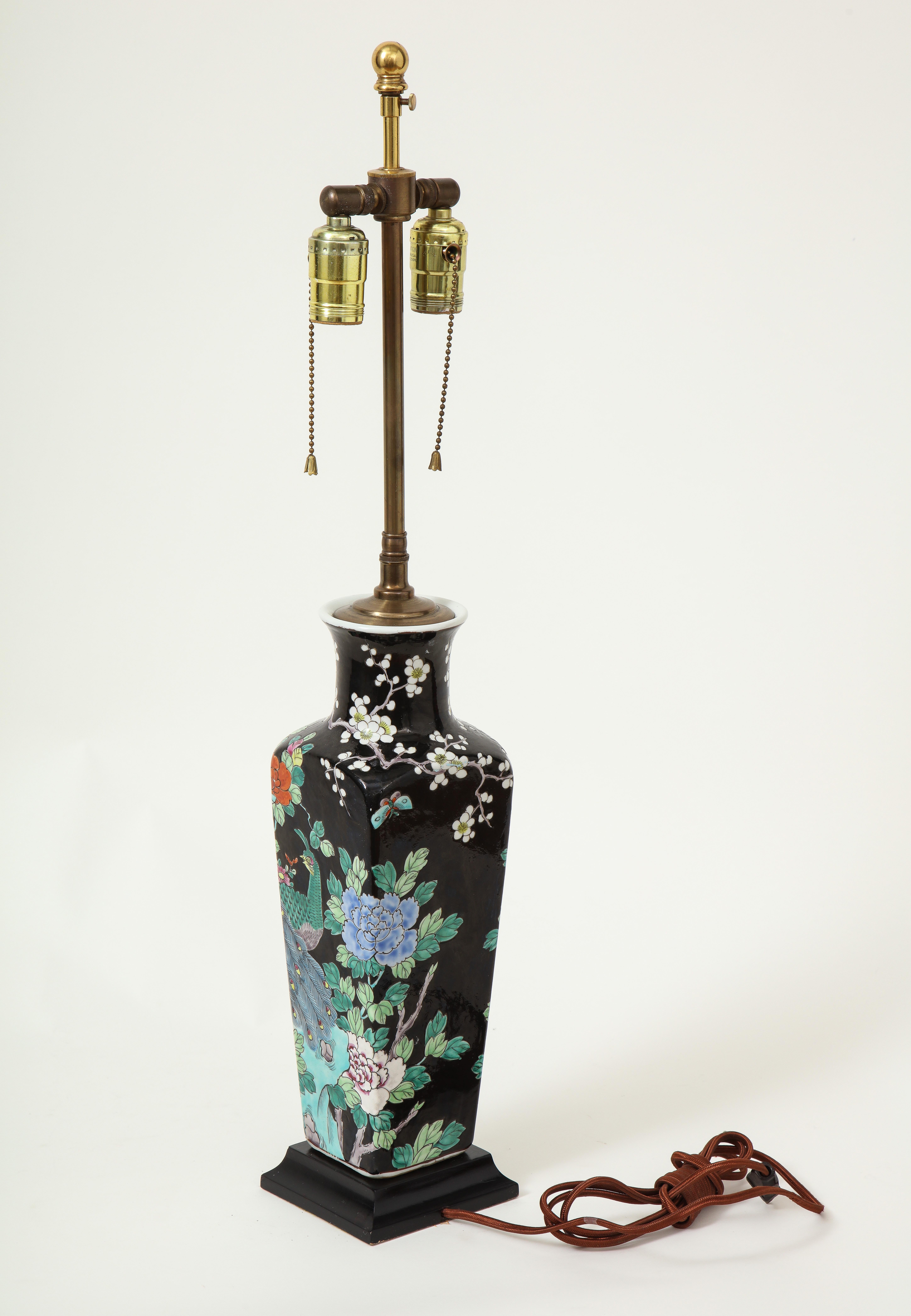 Chinese Porcelain Black Ground Vase mounted as a Lamp, Qing Dynasty For Sale 3