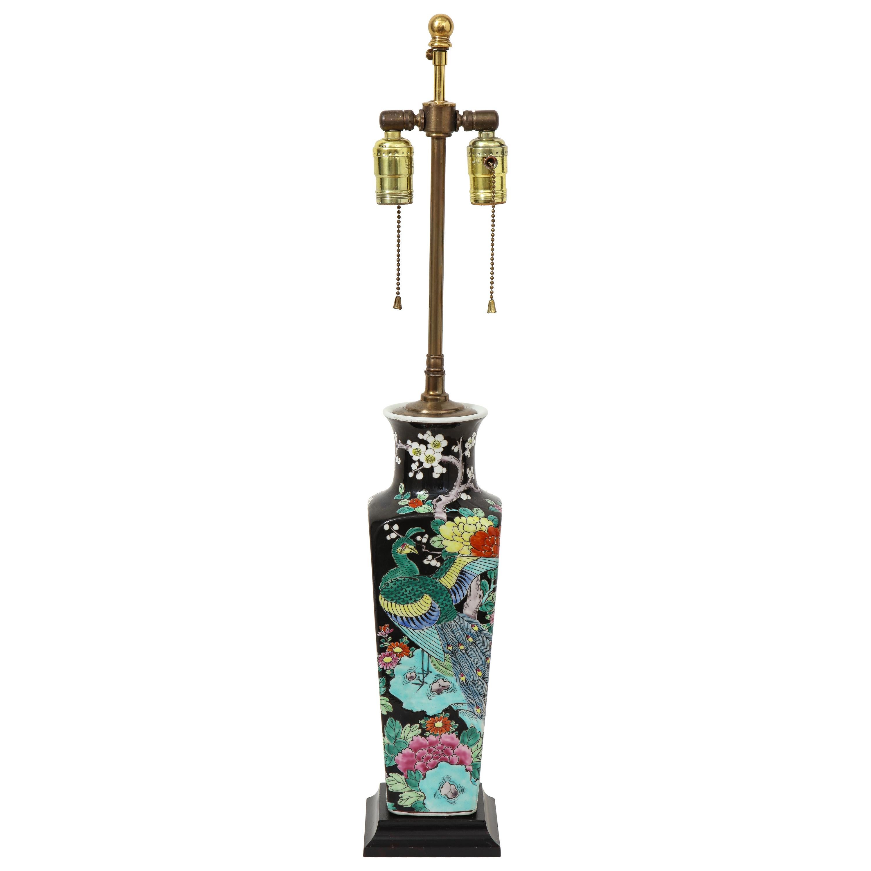 Chinese Porcelain Black Ground Vase mounted as a Lamp, Qing Dynasty For Sale