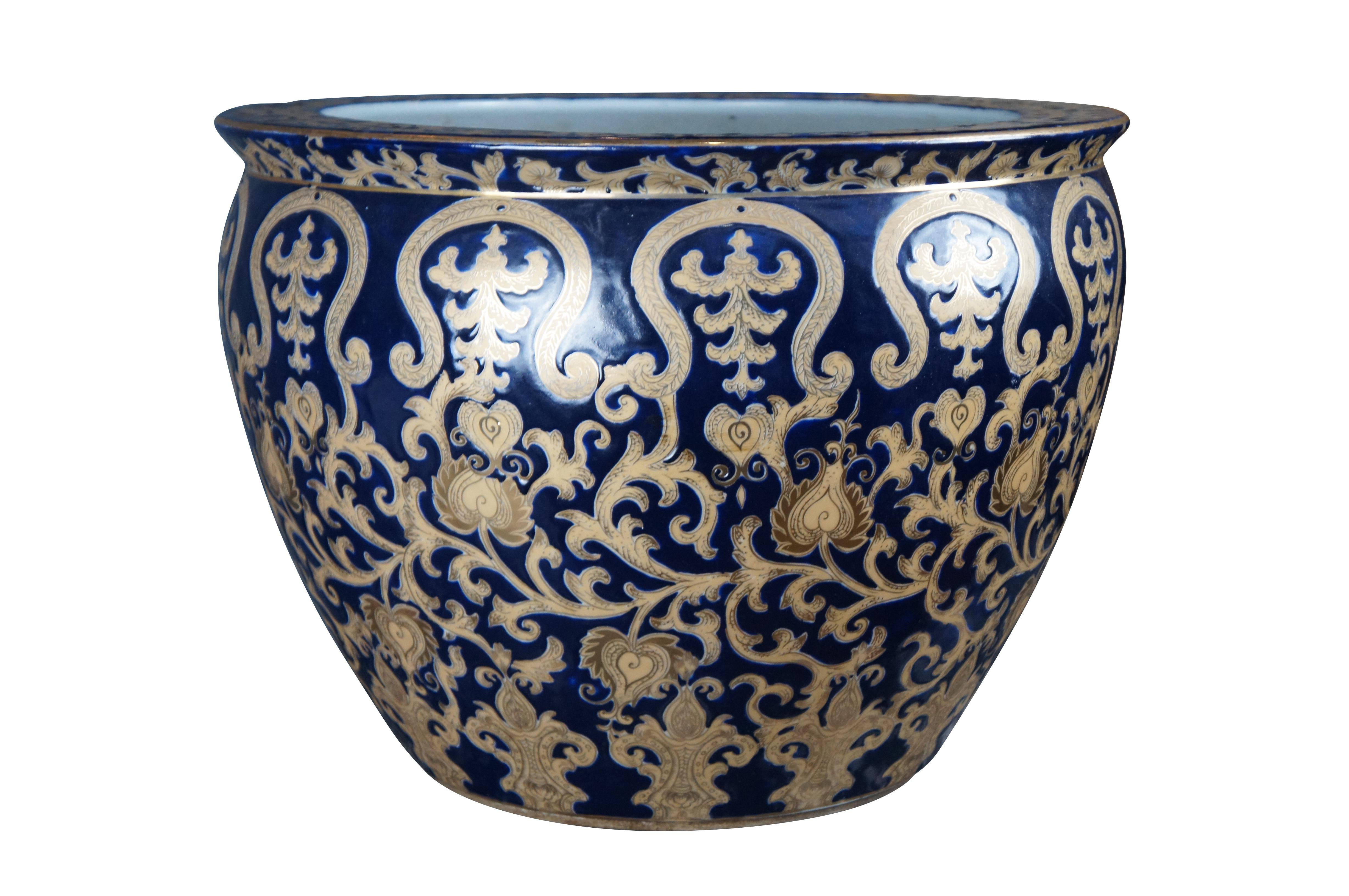 Chinoiserie Chinese Porcelain Blue & 24 Karet Gold Enameled Koi Fish Bowl Planter Jardiniere