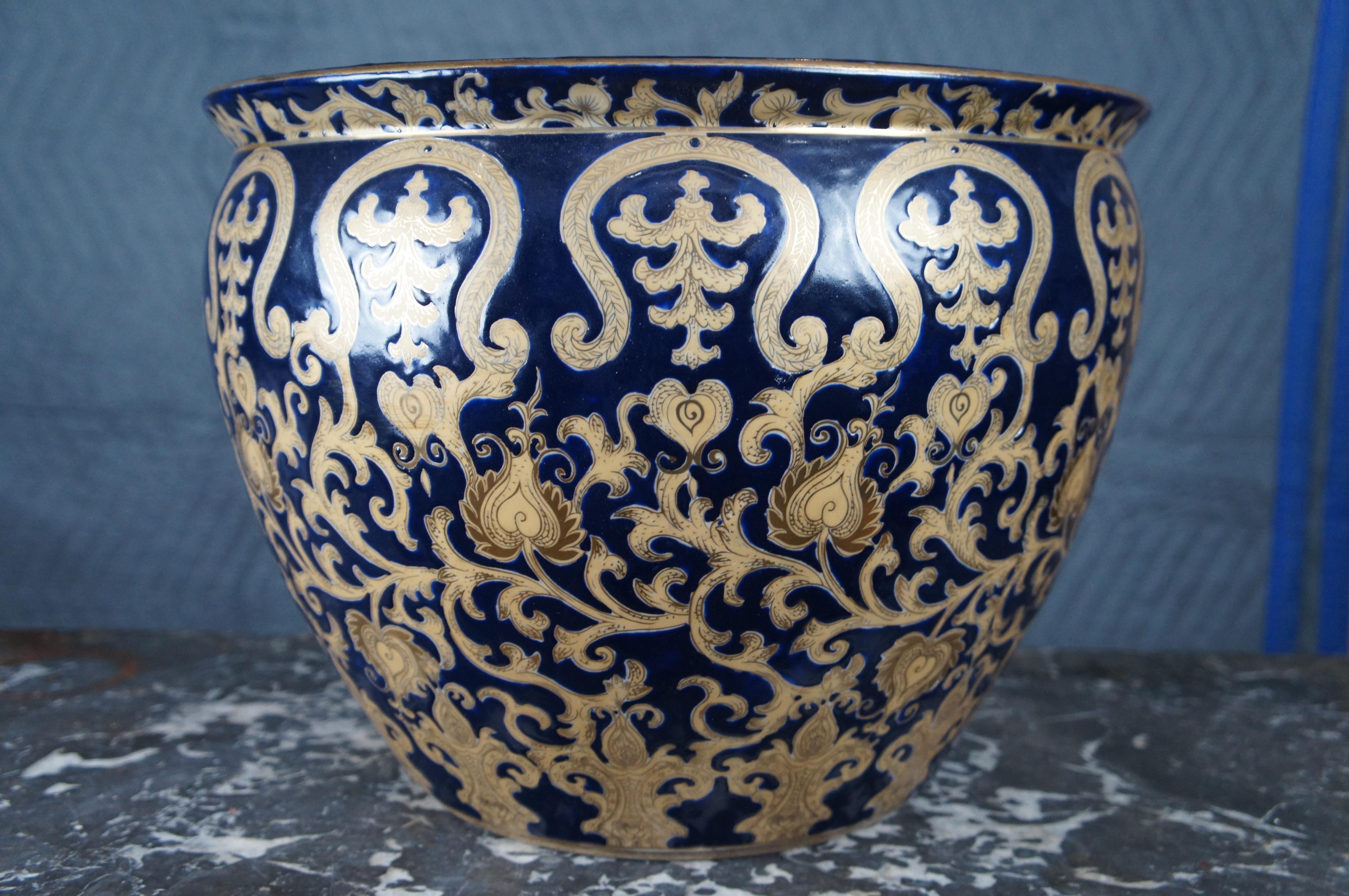 Chinese Porcelain Blue & 24 Karet Gold Enameled Koi Fish Bowl Planter Jardiniere 1