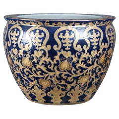 Jardinière jardinière Koi Fish Bowl émaillée d'or et de porcelaine chinoise bleue et 24 carats