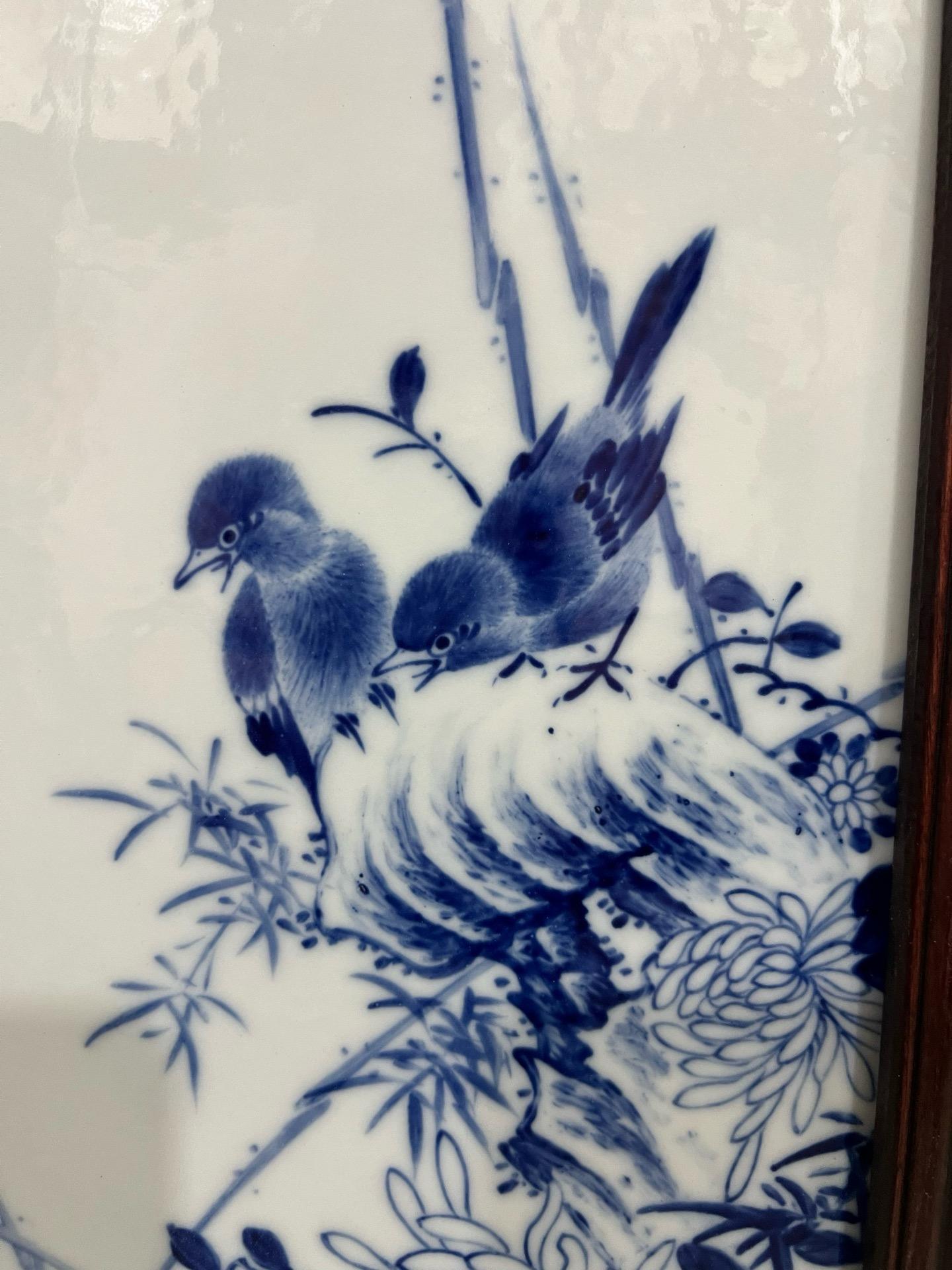 Chinese Porcelain Blue and White Birds Flowers Plaque with mark of Wang Bu For Sale 1