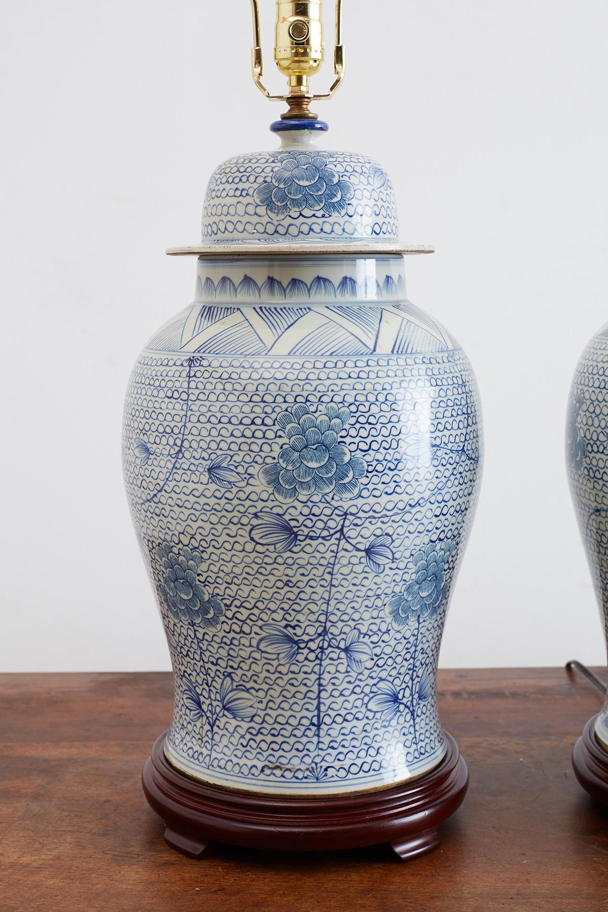 Brass Chinese Porcelain Blue and White Ginger Jar Lamps