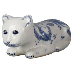 Antique Chinese Porcelain Blue and White Recumbent Cat, circa 1900