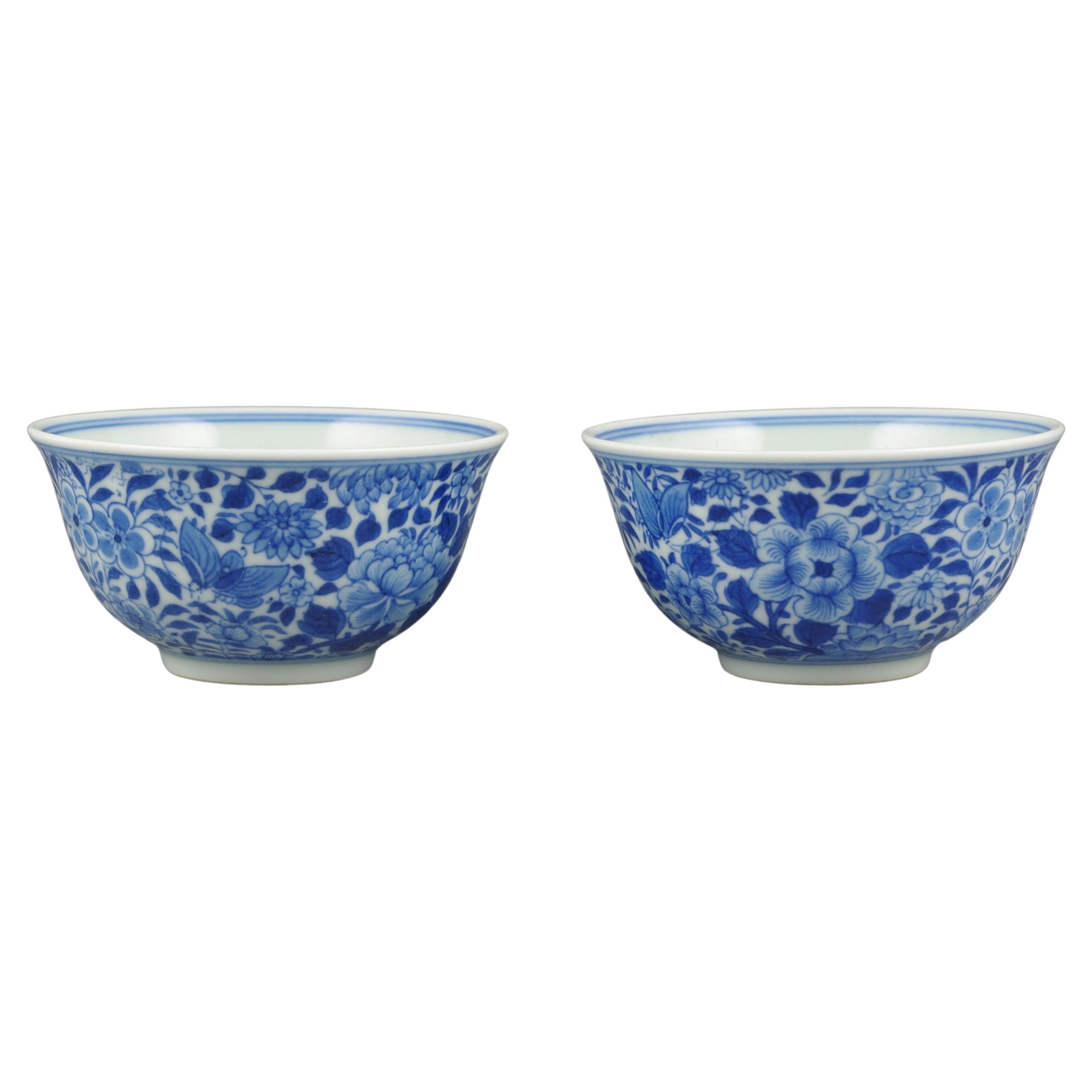 Qing Chinese Porcelain Blue & White Very Fine Mille Fleur Small Bowls Pair Modern 20c