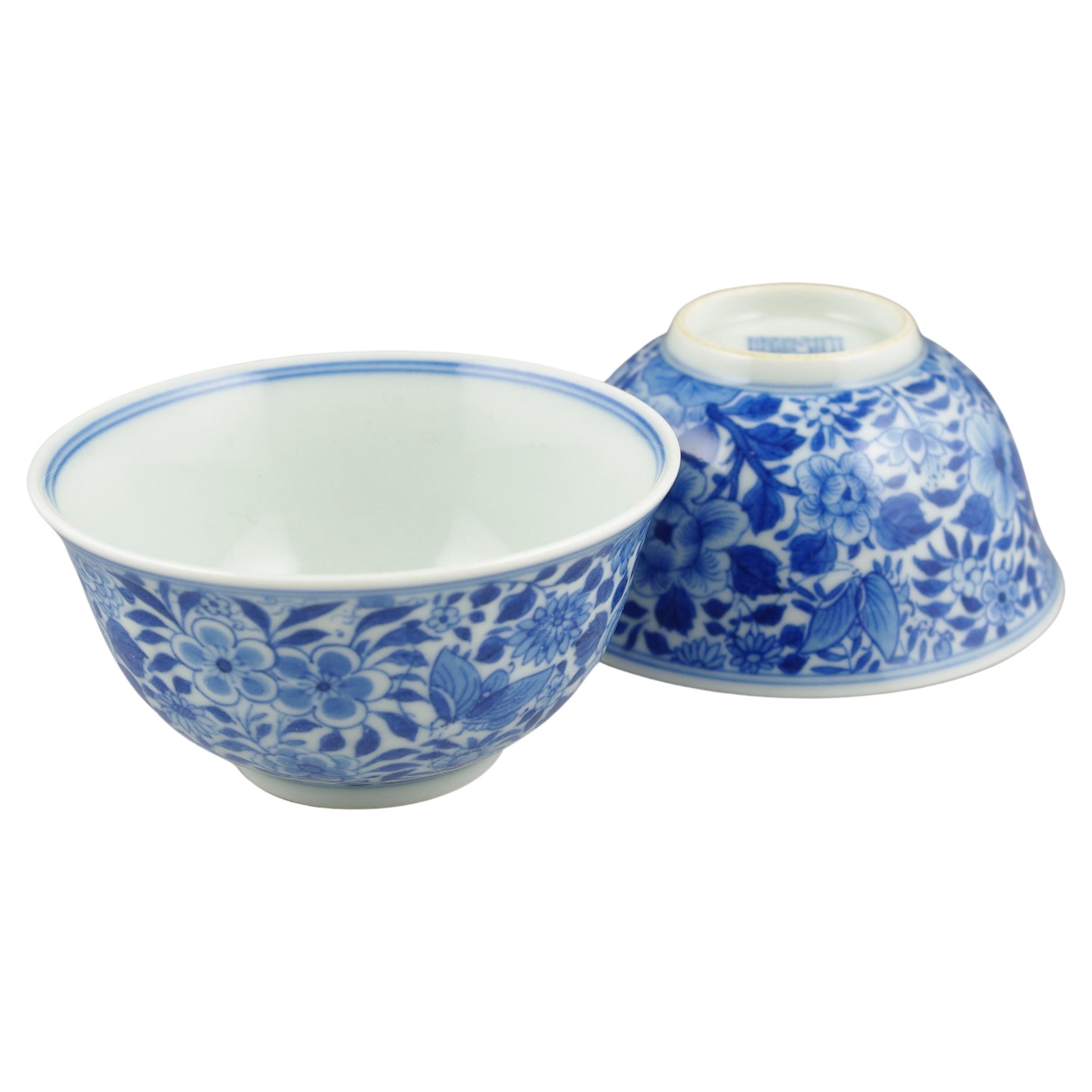Chinese Porcelain Blue & White Very Fine Mille Fleur Small Bowls Pair Modern 20c In Excellent Condition In Richmond, CA