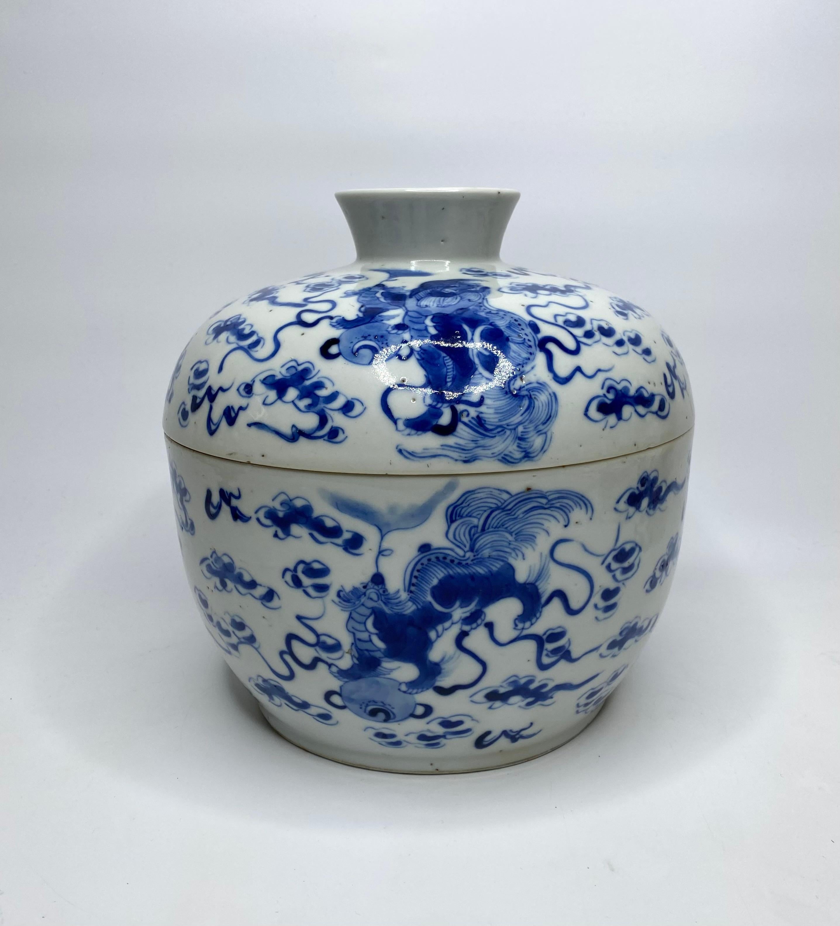 Fired Chinese porcelain bowl and cover, Foo Dogs, c. 1880, Qing Dynasty.