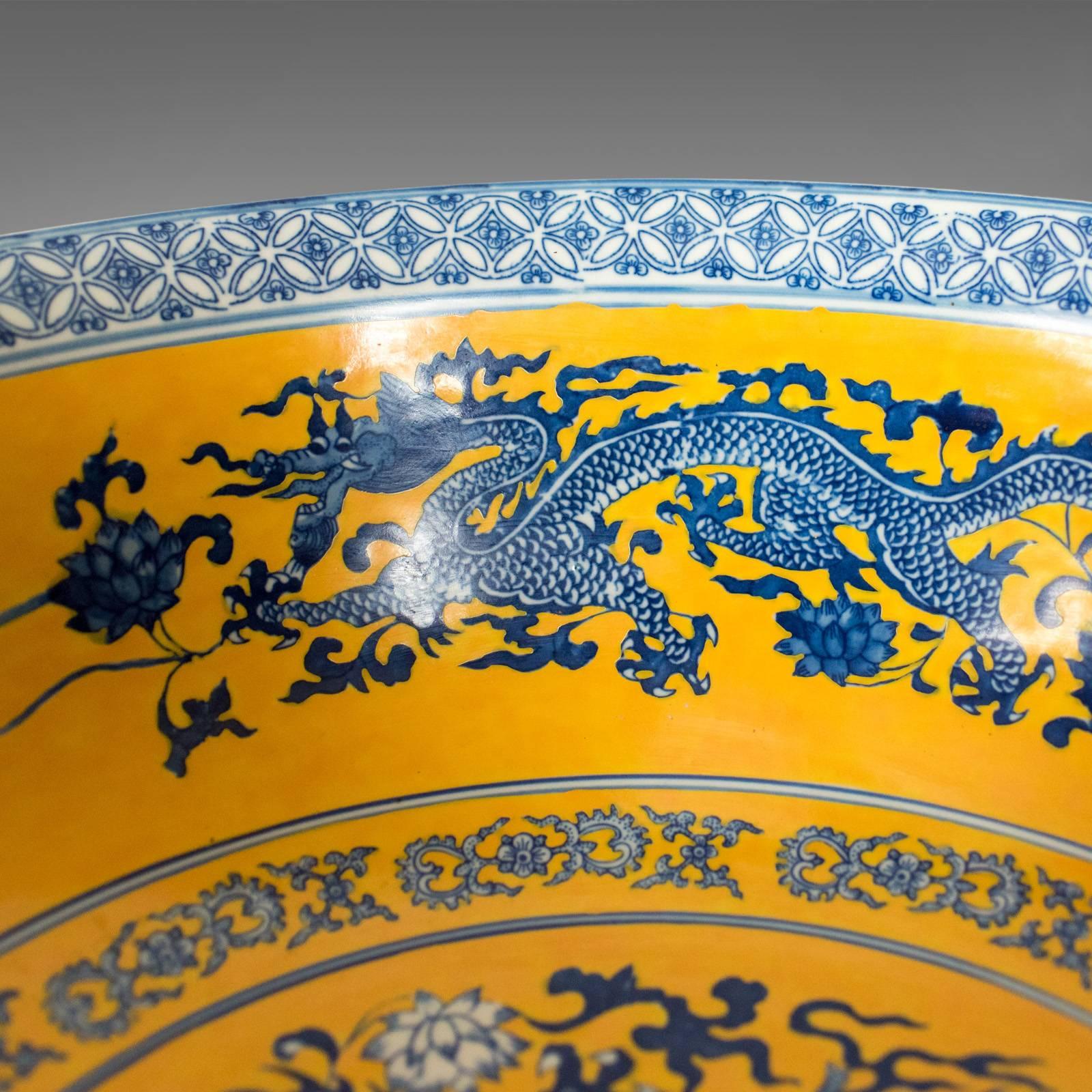 Chinese Porcelain Bowl, Dragons, Blue, White and Yellow, Late 20th Century 1