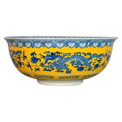 Vintage Chinese Porcelain Bowl, Dragons, Blue, White and Yellow, Late 20th Century