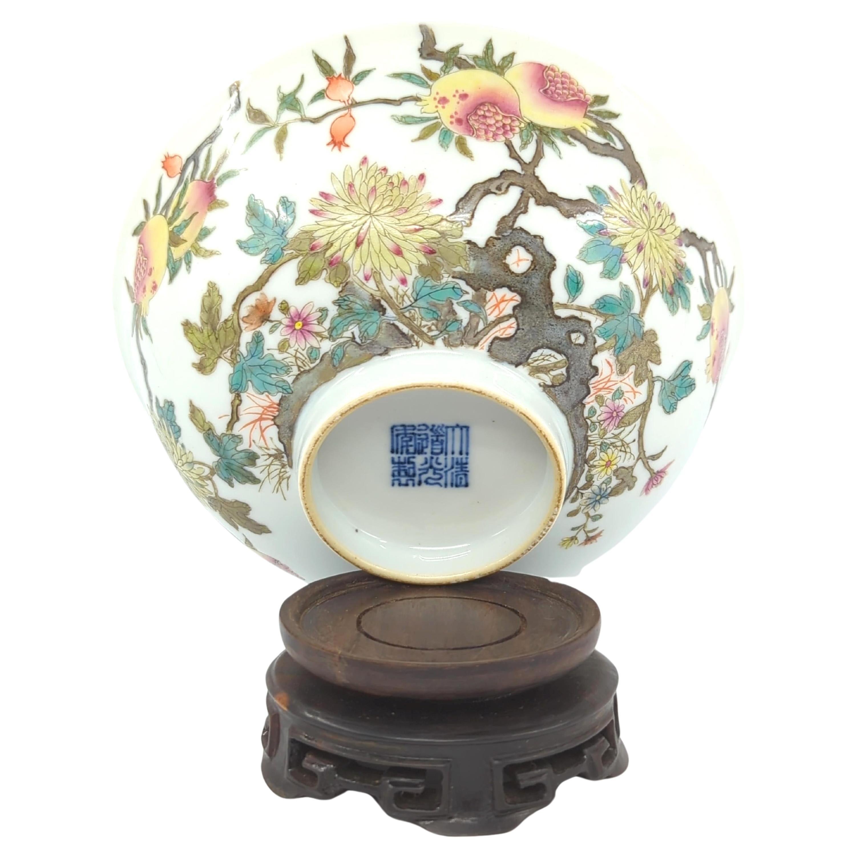 19th Century Chinese Porcelain Bowl Famille Rose Pomegranate Blue & White Lanterns Qing 19c For Sale