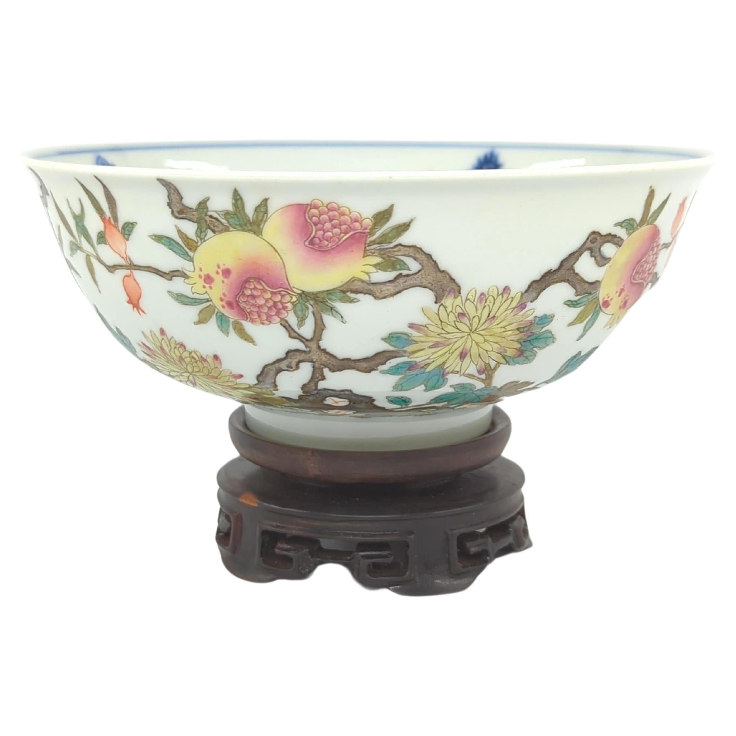 Chinese Porcelain Bowl Famille Rose Pomegranate Blue & White Lanterns Qing 19c For Sale