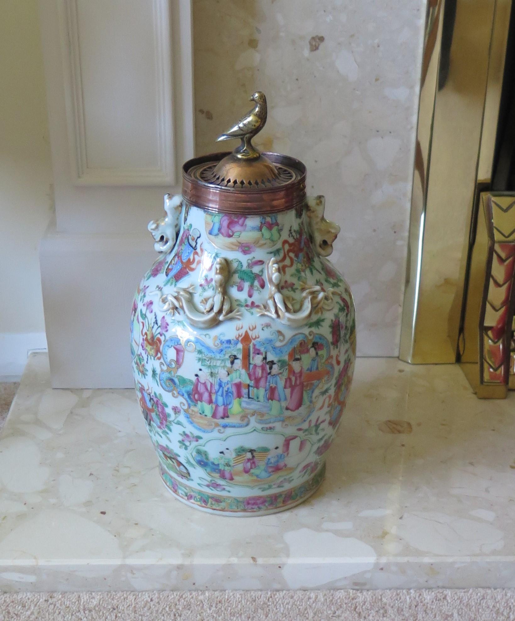 Chinese Porcelain Canton Vase Reduced to Make Potpourri Urn with Bird Top, Qing 11